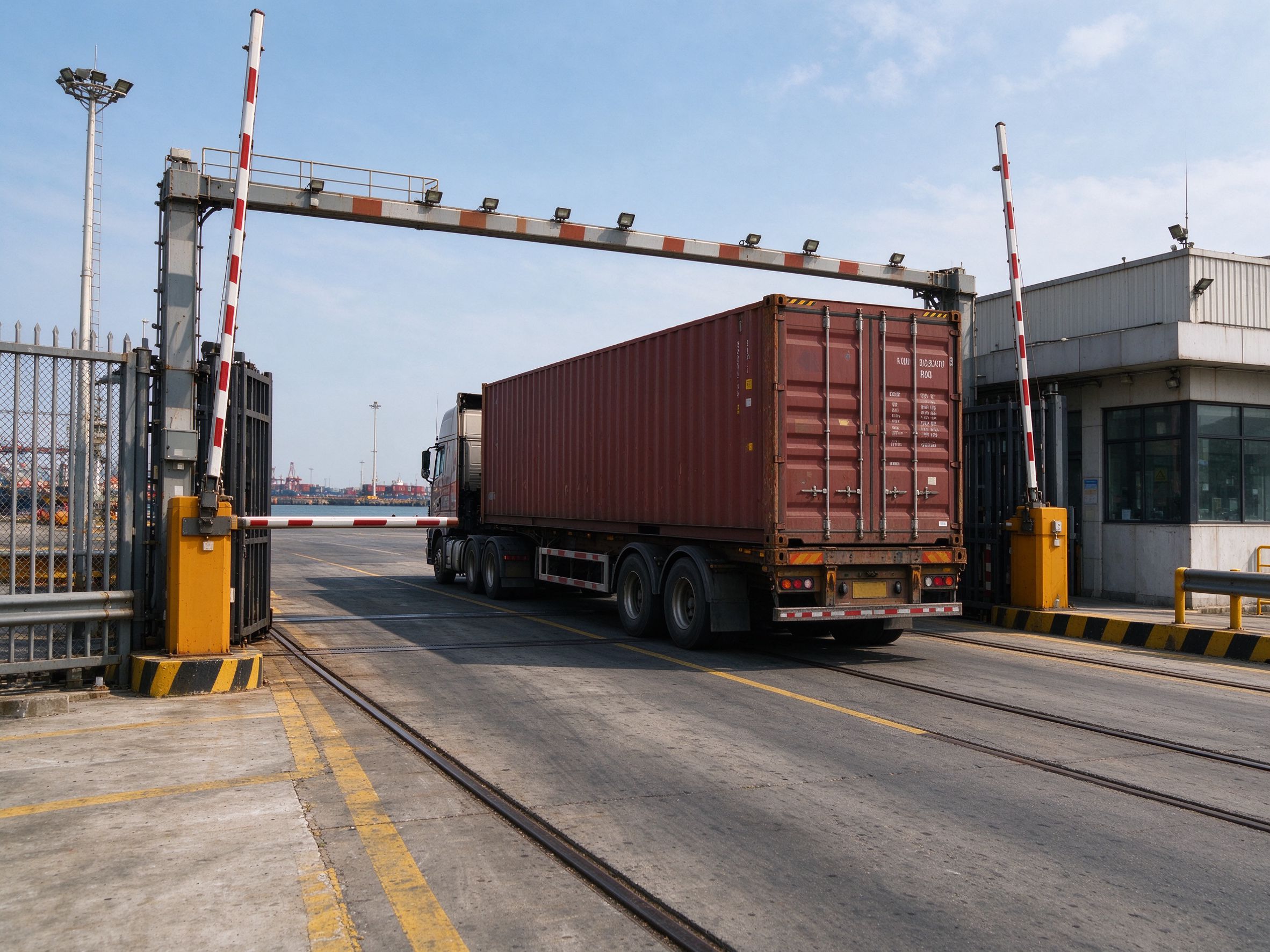 A truck carrying a container leaving a port gate, representing timely cargo pickup (illustrative concept image)