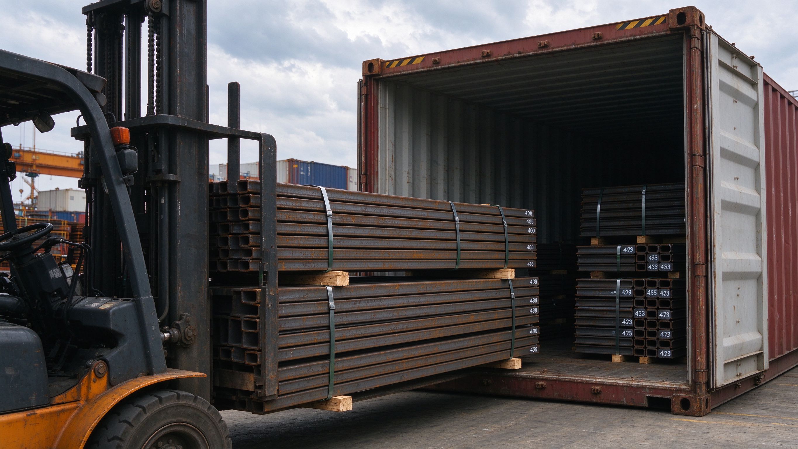 Steel members strapped with steel bands and dunnage being loaded into a sea container by forklift (illustrative concept image)