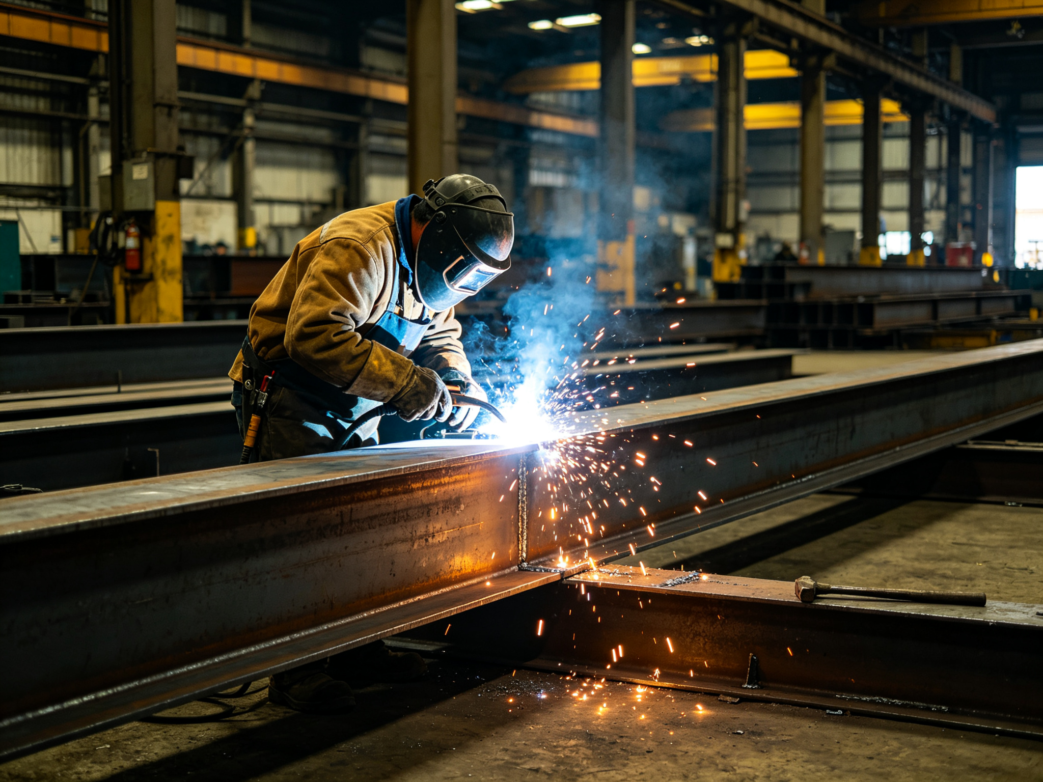 Welding a steel I-beam in the fabrication shop
