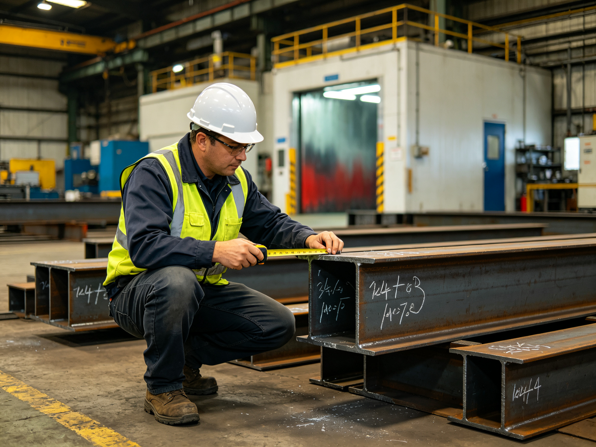 Quality control inspector measuring a fabricated steel column