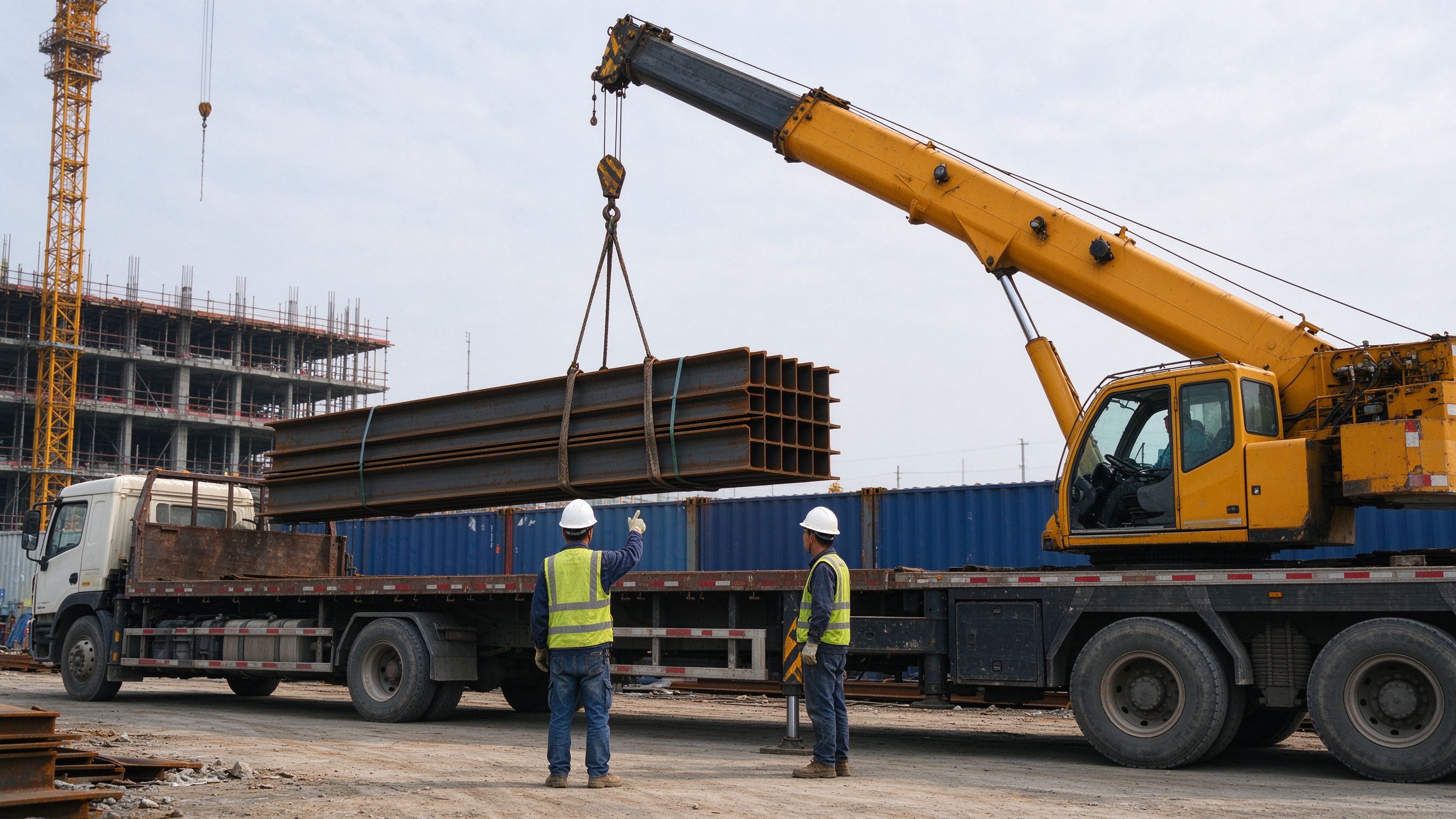 Container unloading steel members with a mobile crane and workers guiding (illustrative concept image)