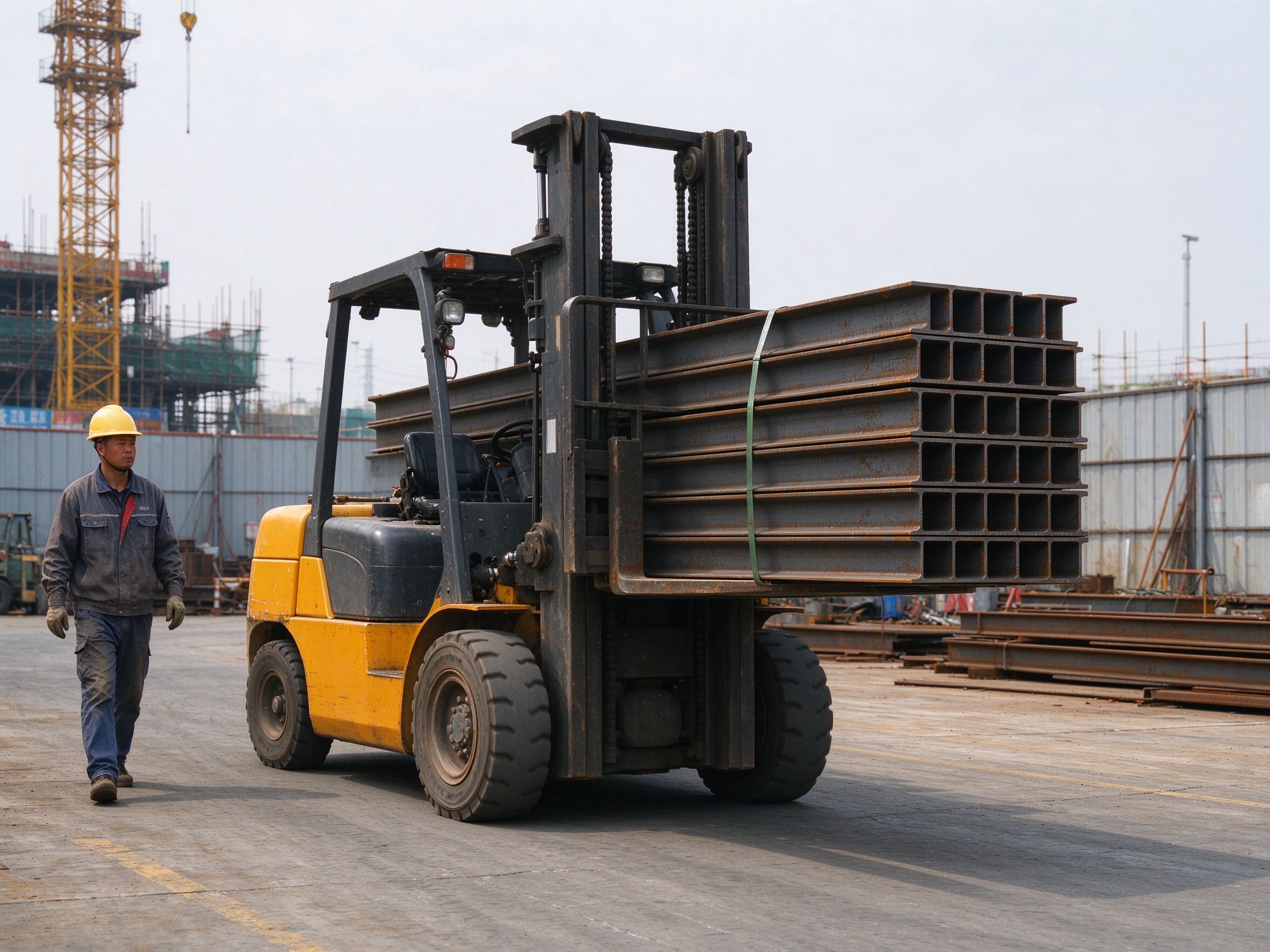 Forklift moving a bundle of steel members across a yard (illustrative concept image)