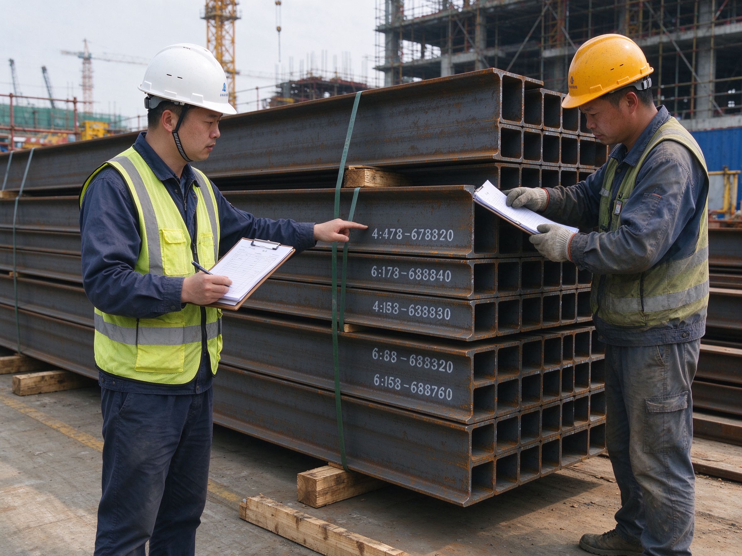 Engineer checking delivered steel members against the packing list on site (illustrative concept image)
