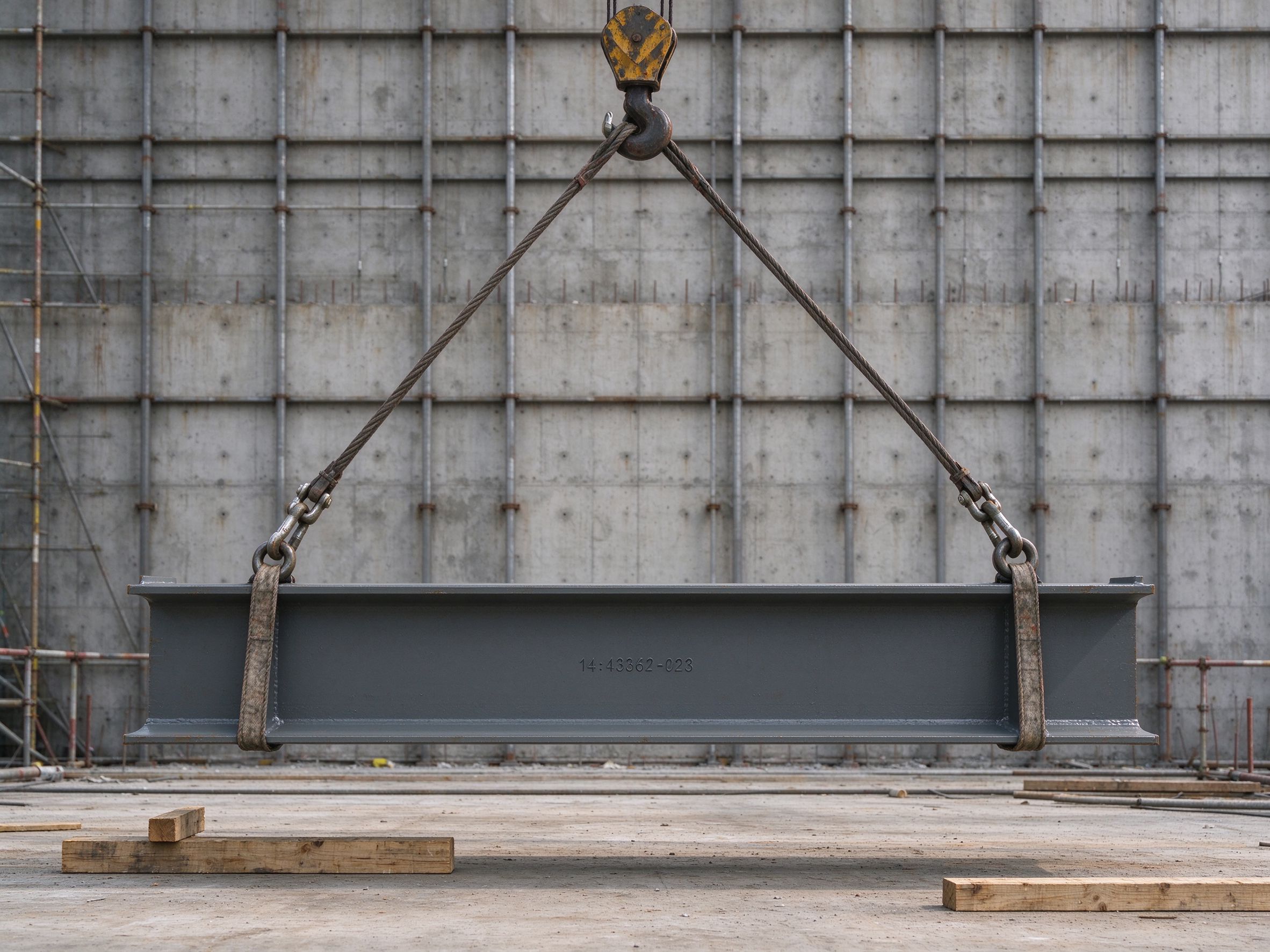 Slings lifting an H-beam from two lifting points with a spreader hook (illustrative concept image)