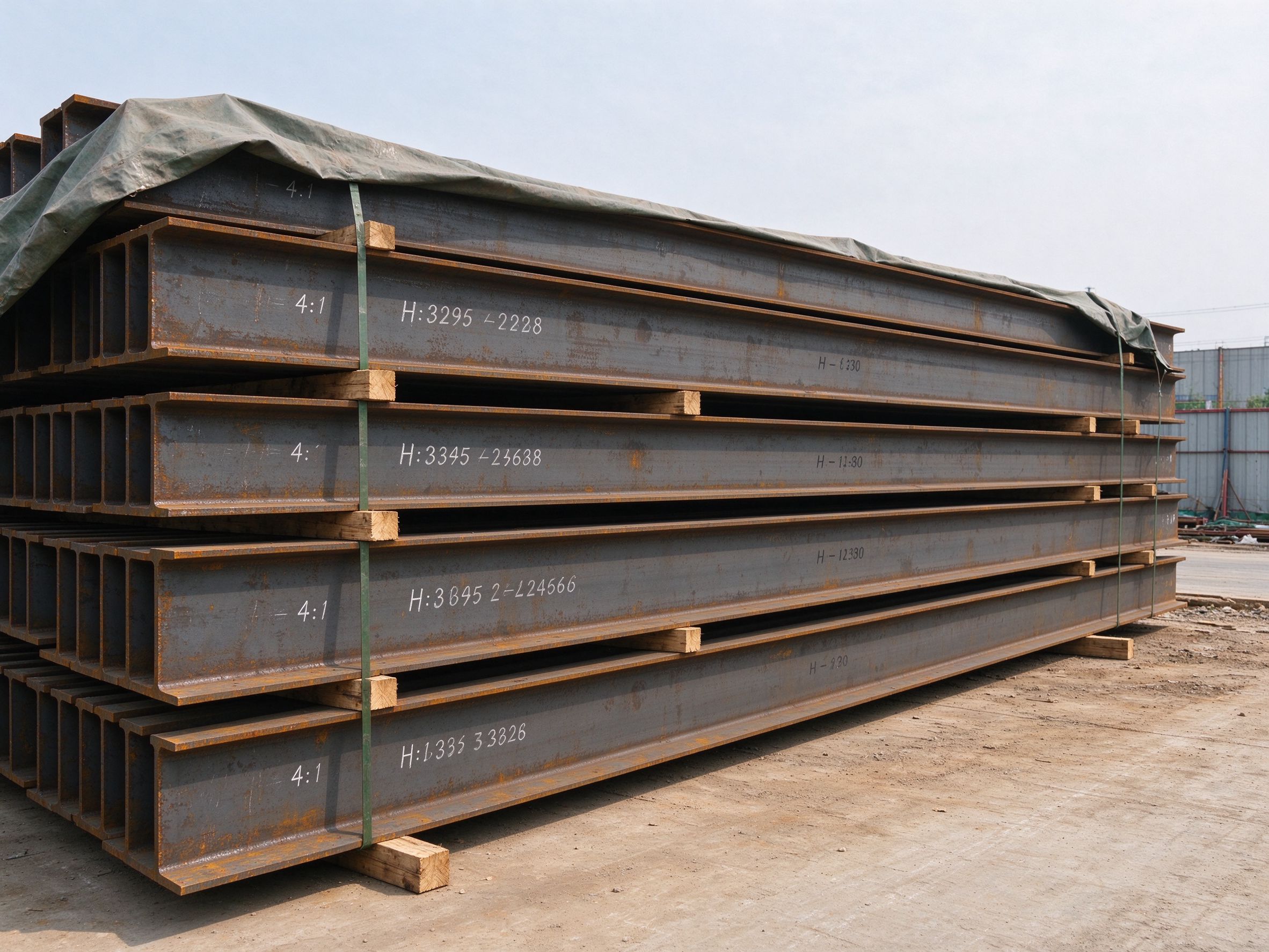 Steel members stacked on timber dunnage with tarpaulin cover on site (illustrative concept image)