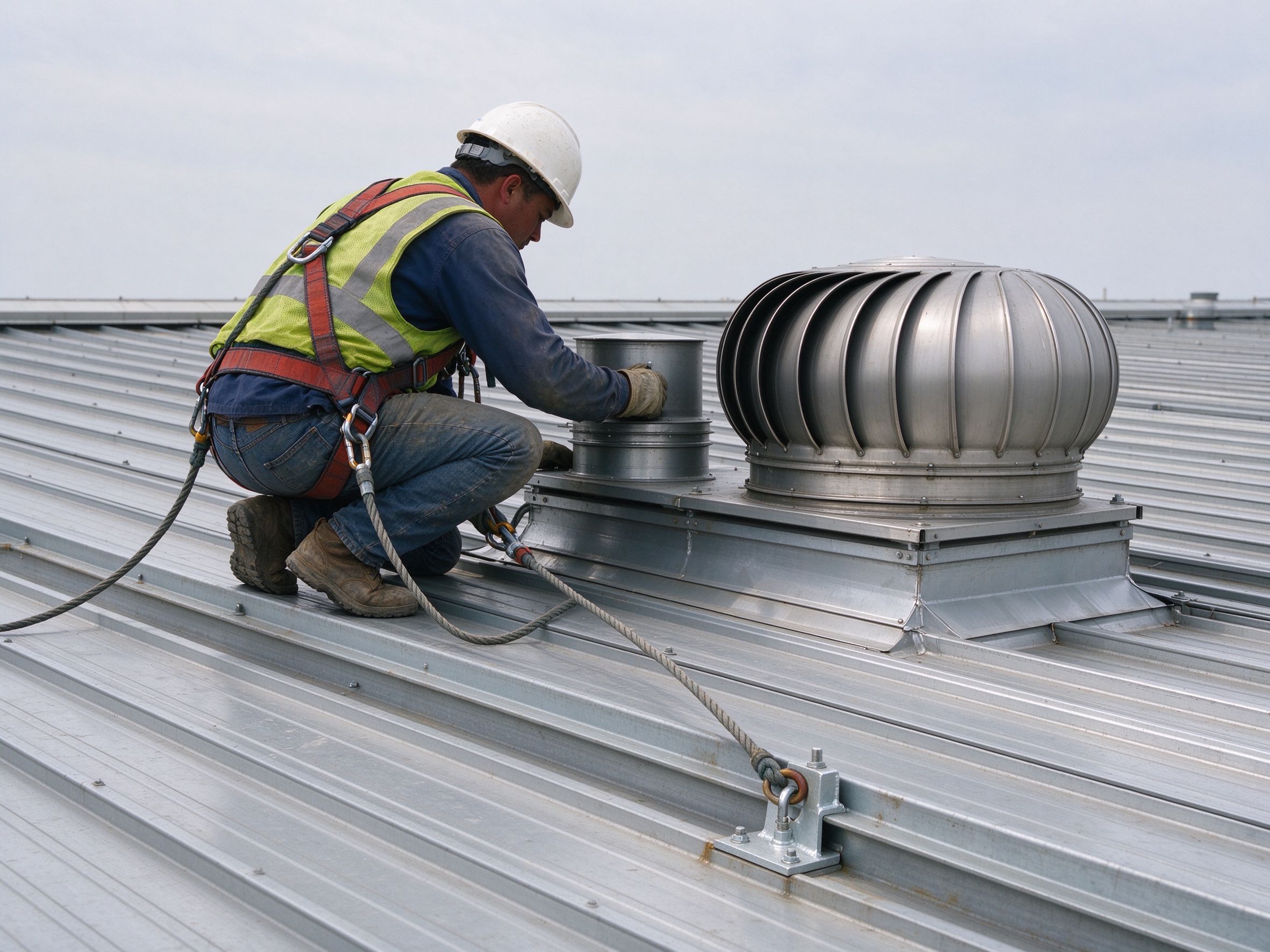 Worker on a roof secured to a safety anchor while servicing a vent (illustrative concept image)