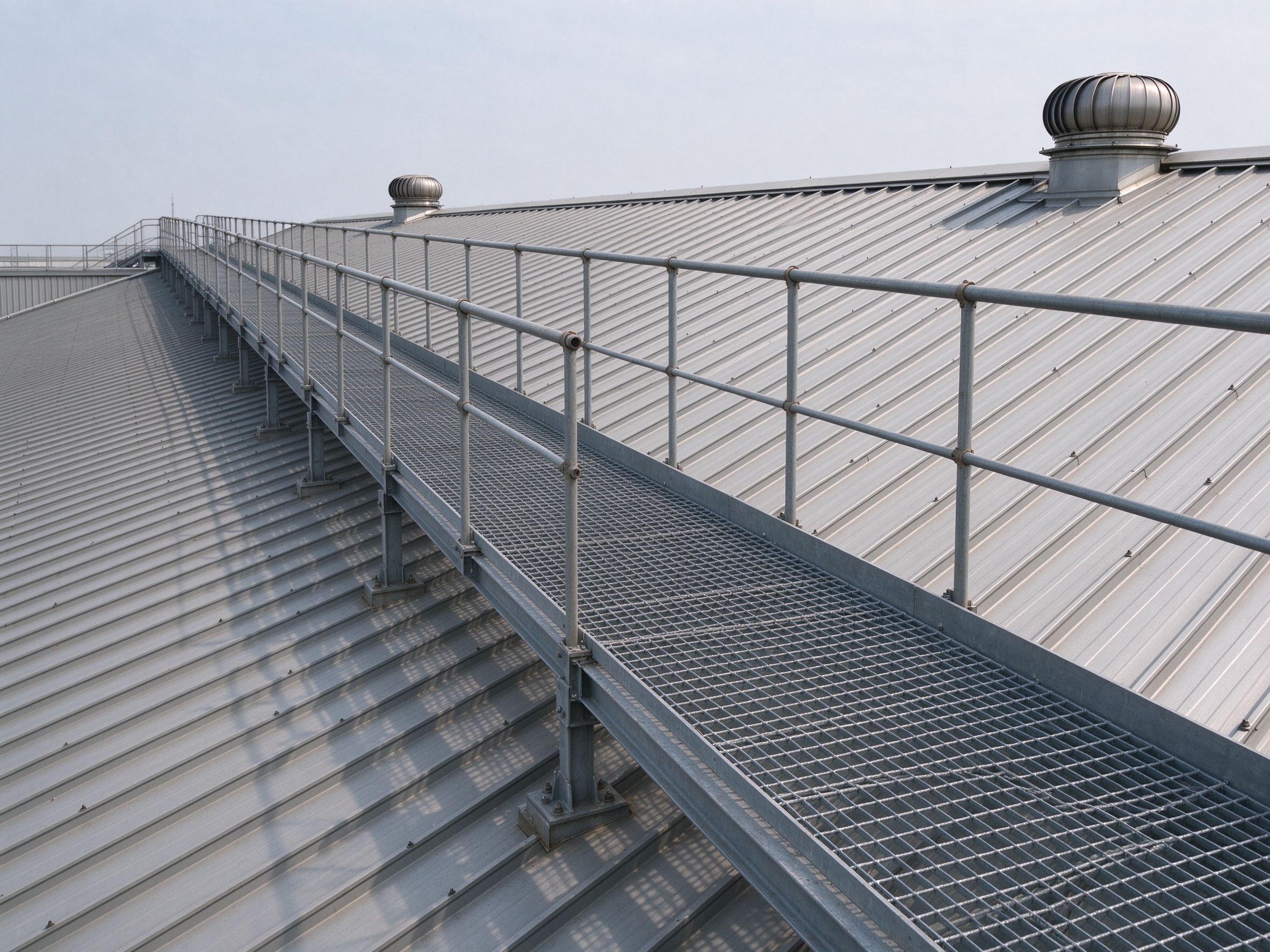 Roof walkway with guardrail running along a steel building roof (illustrative concept image)