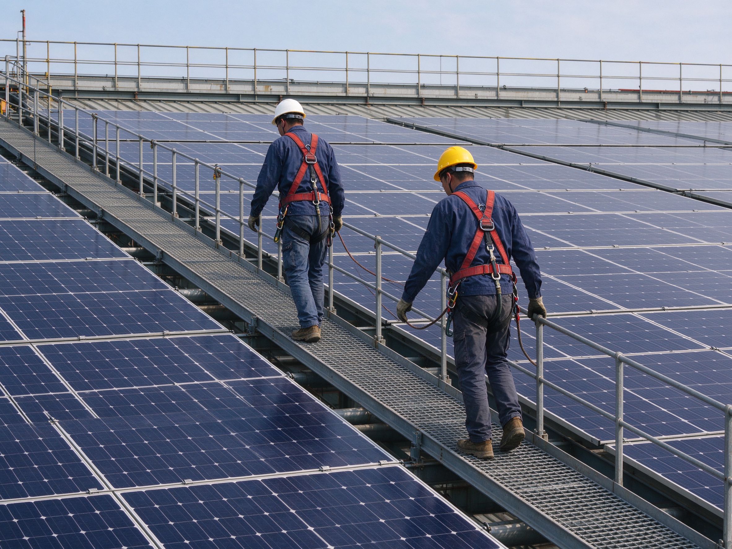 A worker wearing a safety helmet inspecting solar panels along a roof edge walkway with guardrails (illustrative concept image)