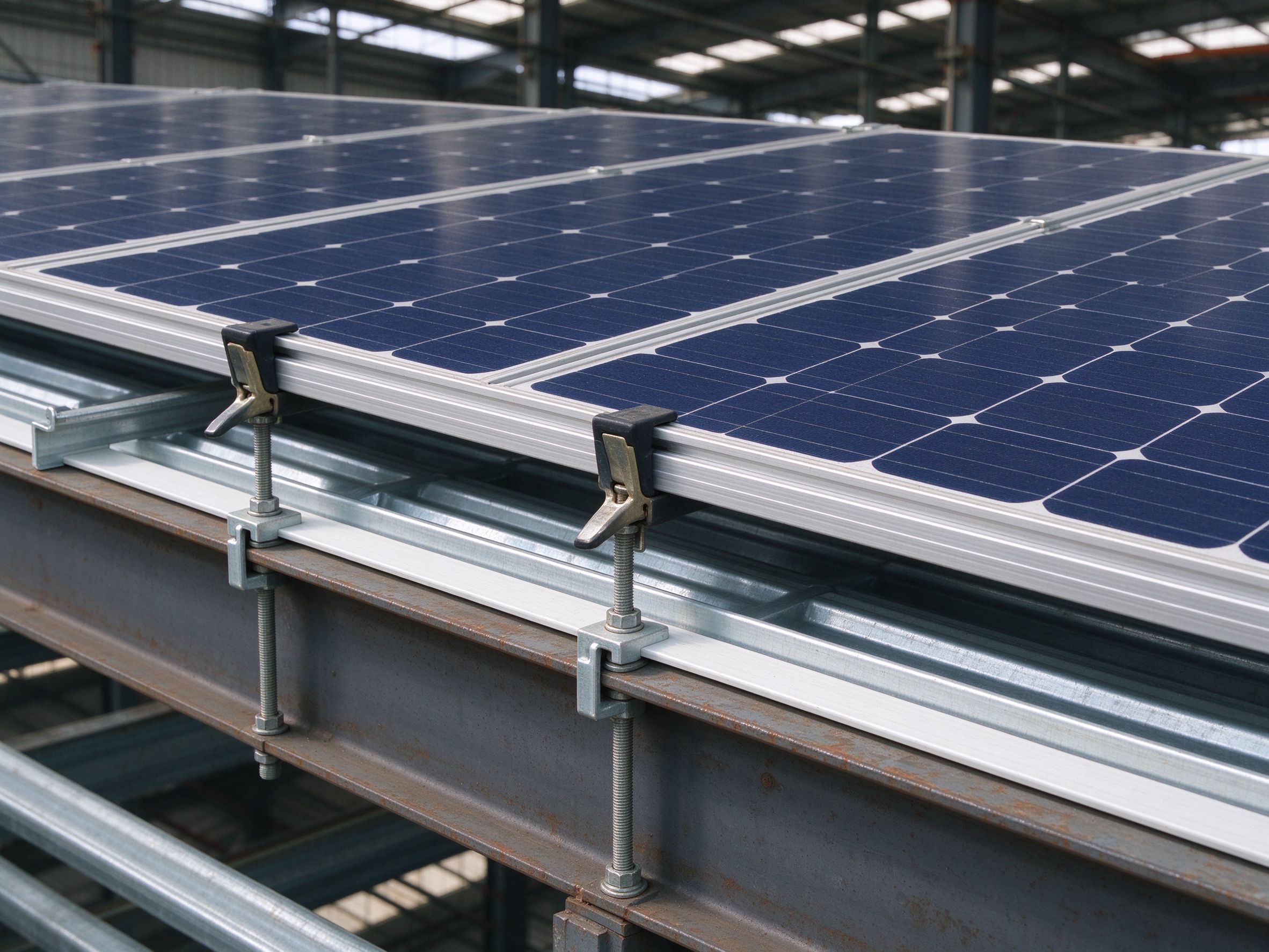 Close-up of solar panel mounting clamps and rails fixed to a metal roof seam, aligned with purlins (illustrative concept image)