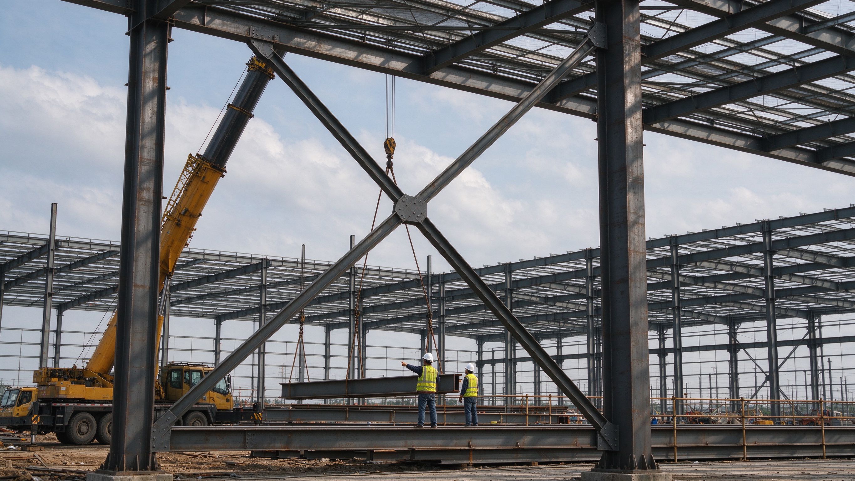 Steel braced frame with diagonal bracing under construction (illustrative concept image)