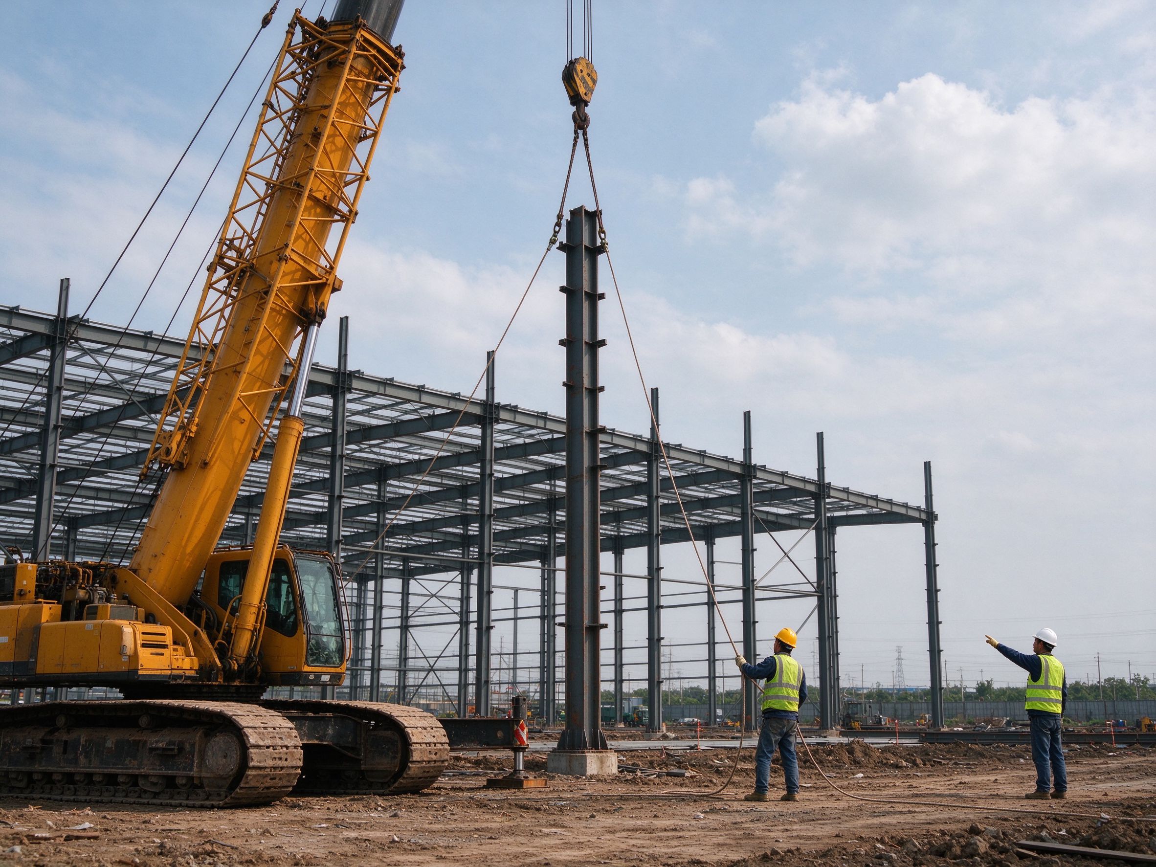 Crawler crane erecting a steel column with tag lines on site (illustrative concept image)