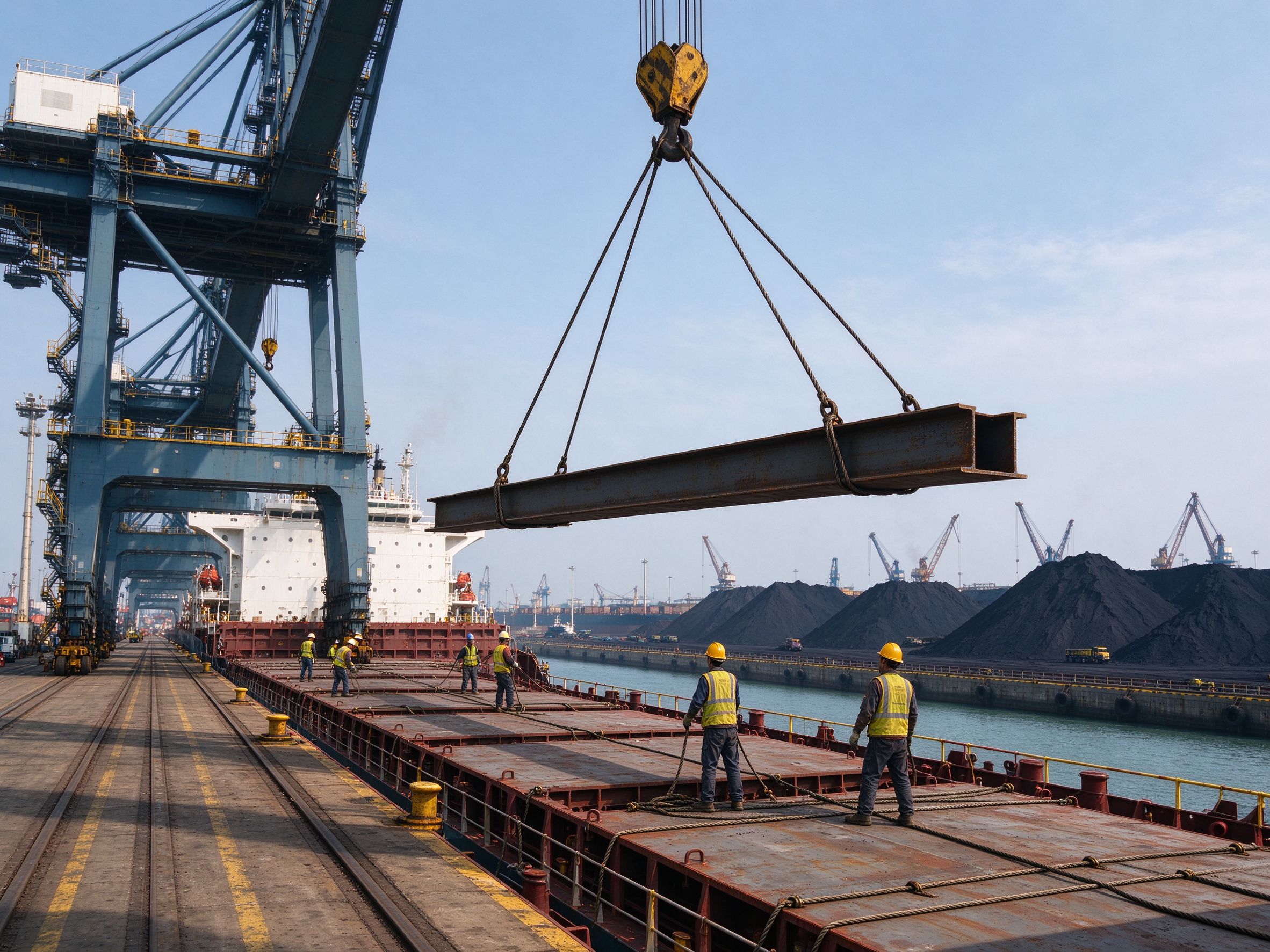 Large steel members being lifted onto a general cargo vessel (illustrative concept image)
