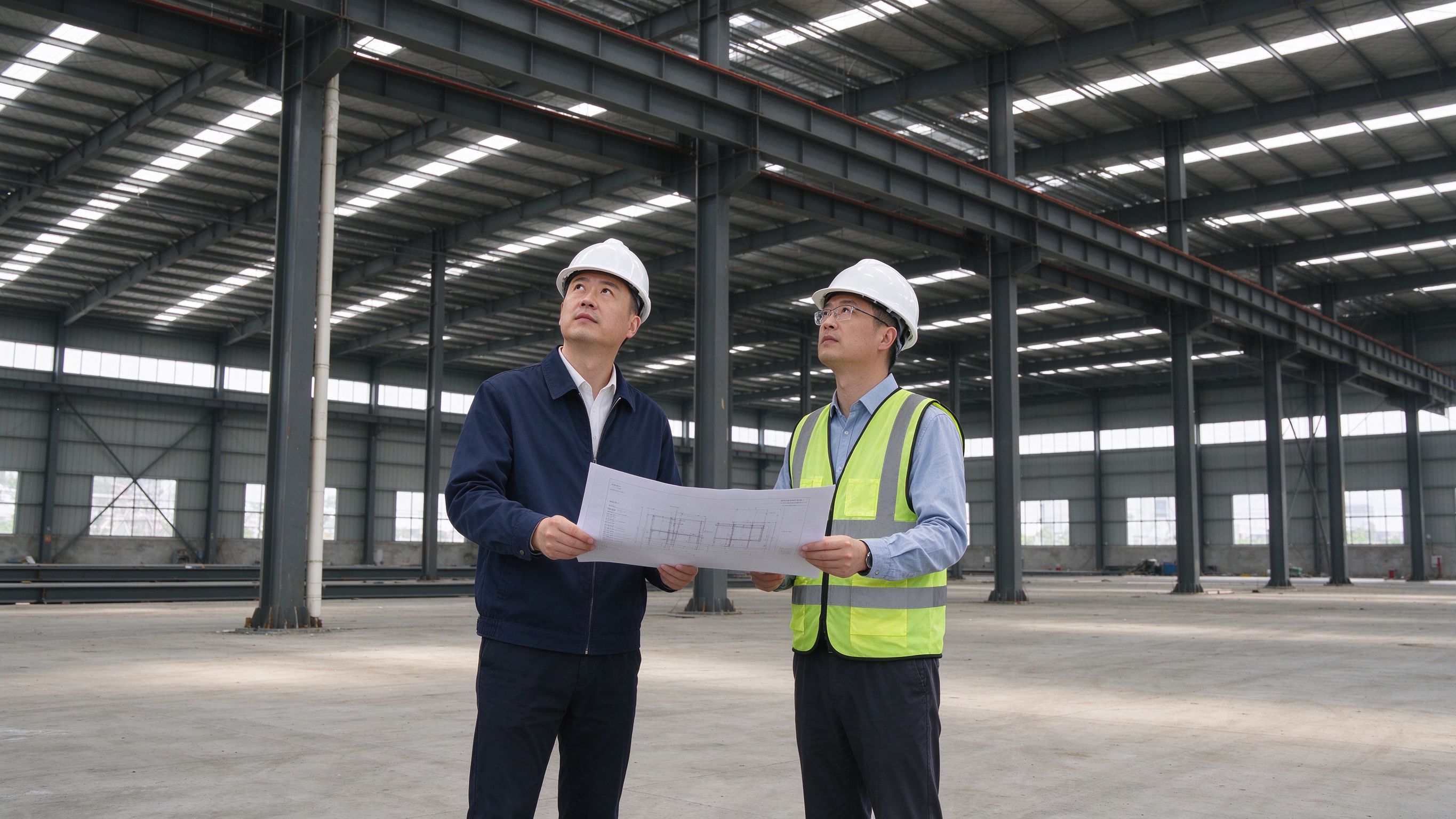 业主与工程师在已完工厂房内持图纸检查已安装钢框架(概念示意图)