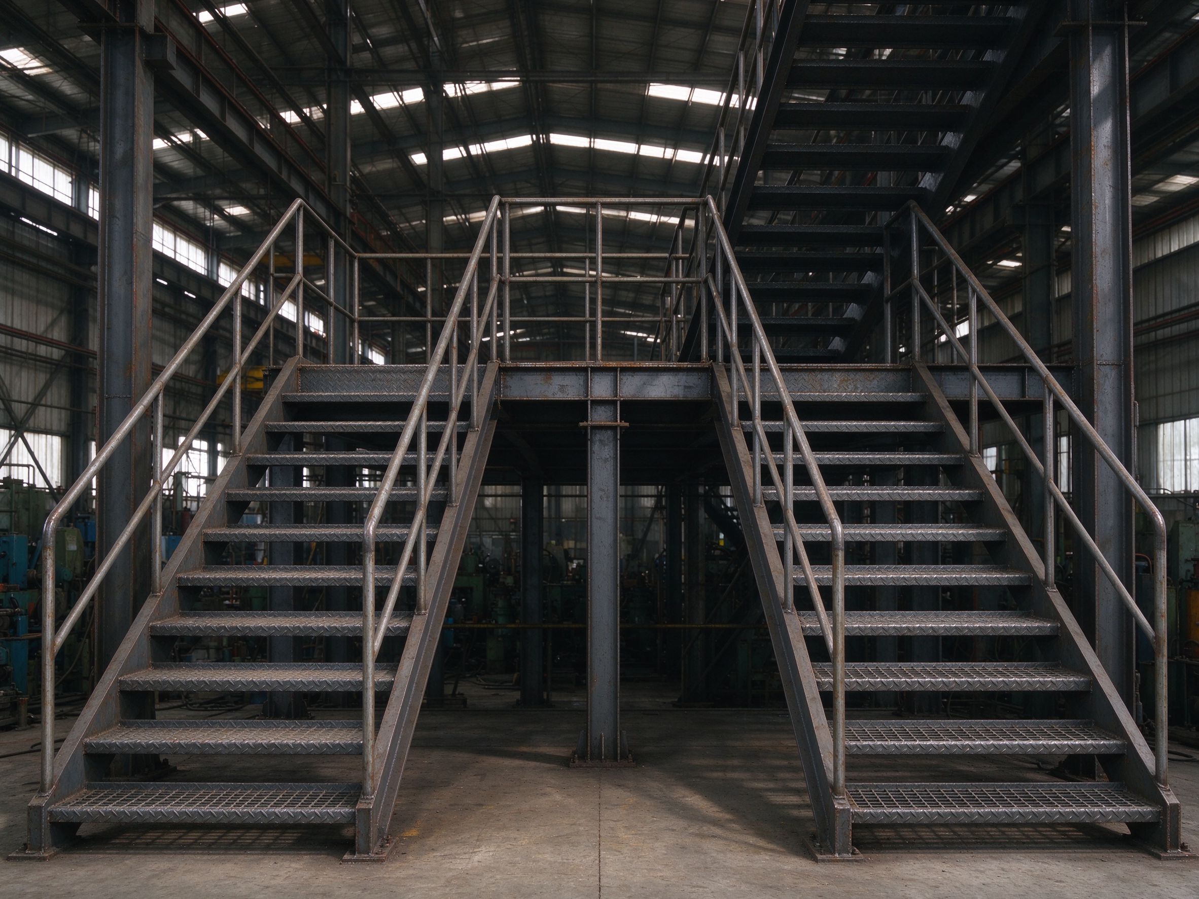 Dogleg return steel stair with mid landing in an industrial building (illustrative concept image)