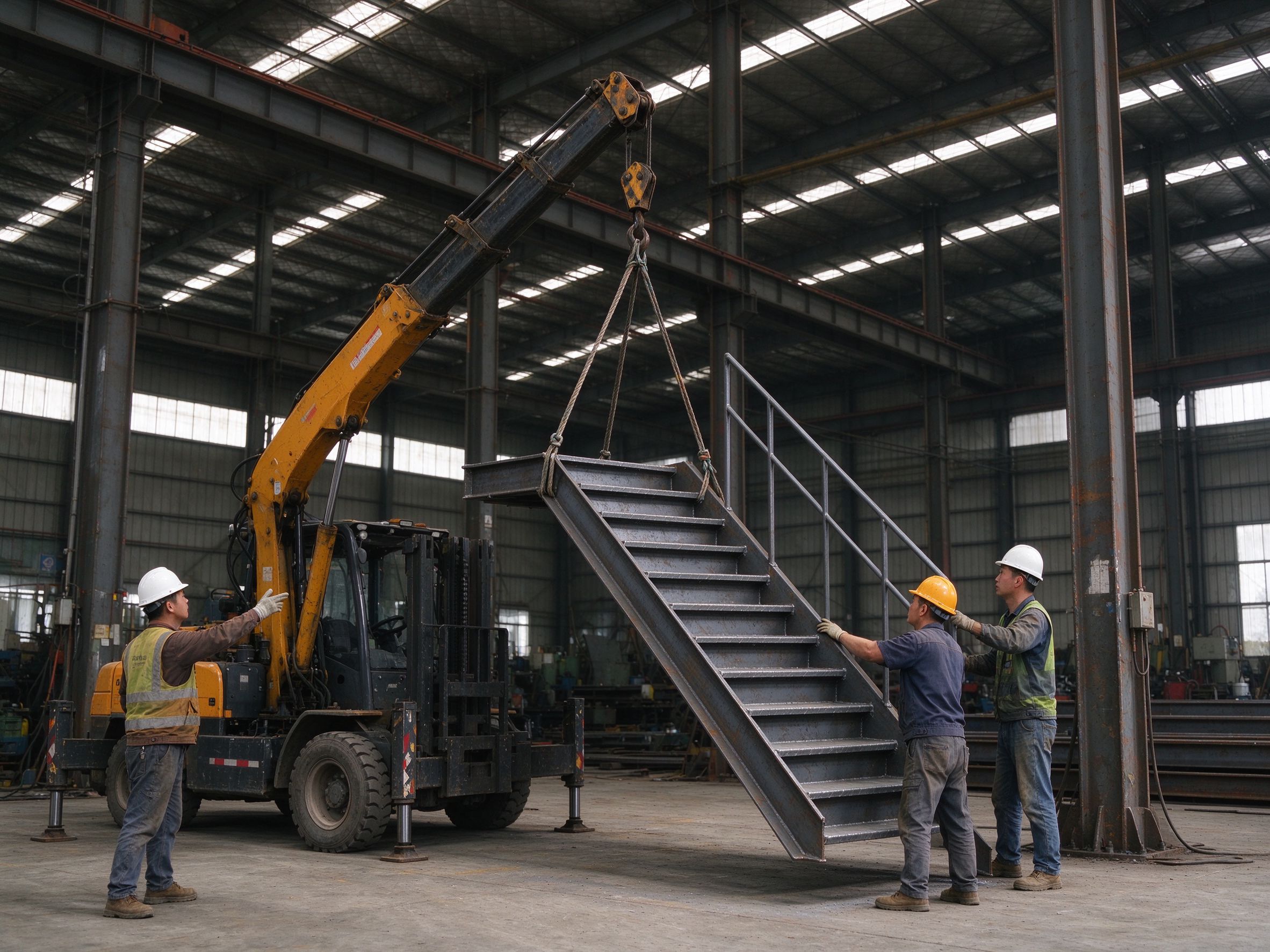 Crane lifting a prefabricated steel stair section with workers guiding it (illustrative concept image)