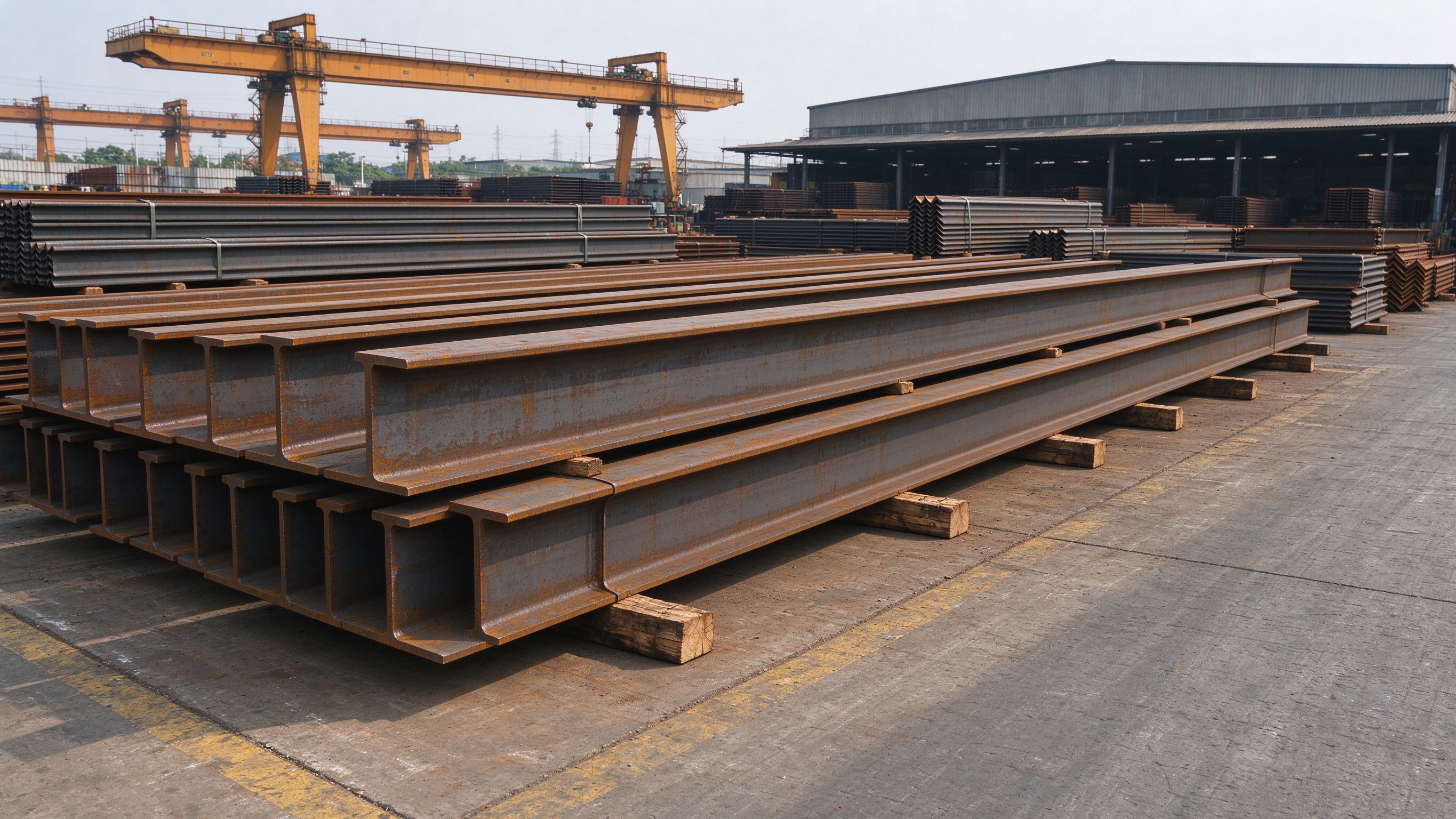 Stockyard of steel sections: H-beams, channels and angles stacked (illustrative concept image)