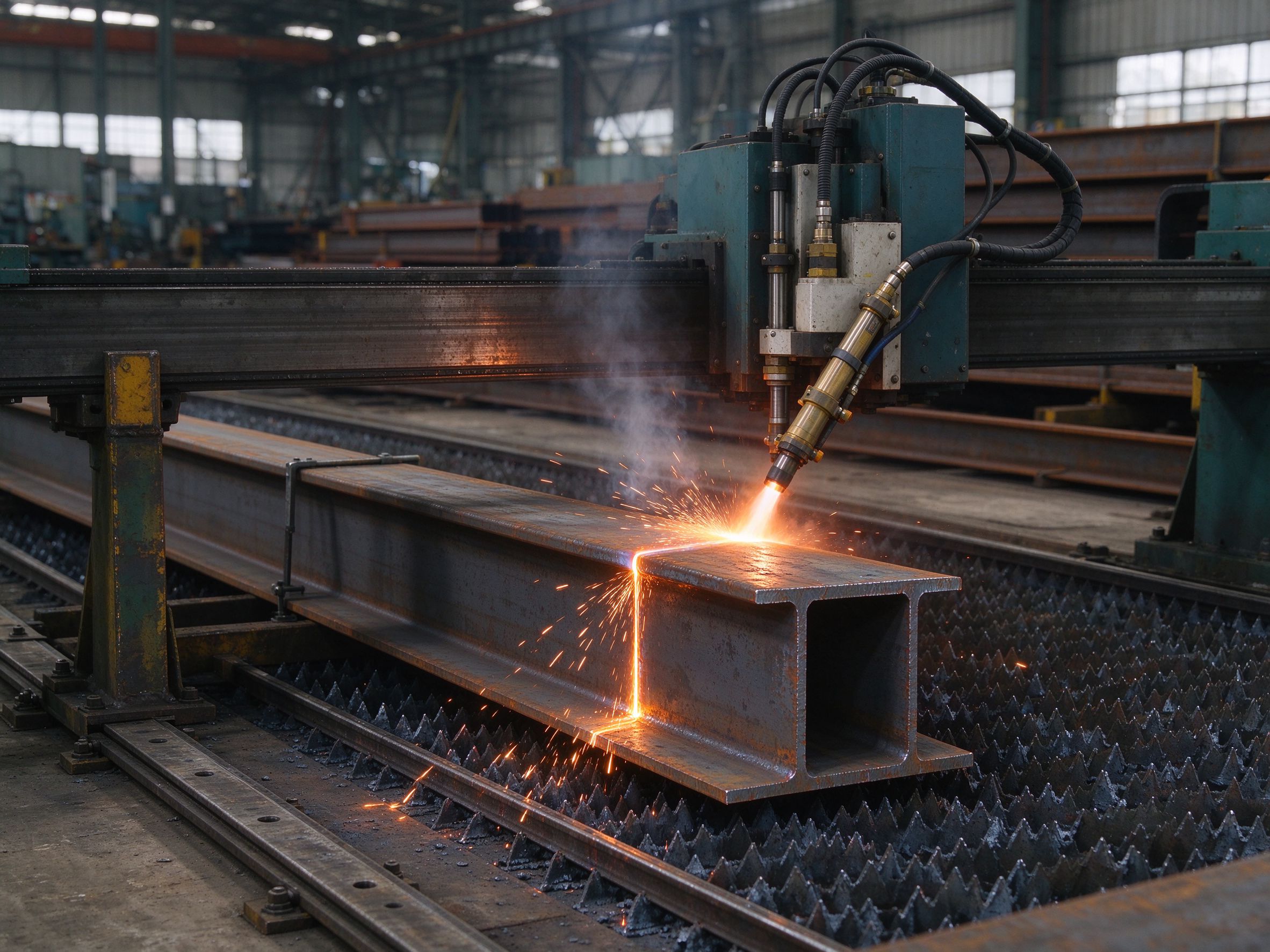 CNC flame cutting an H-beam in a fabrication shop (illustrative concept image)