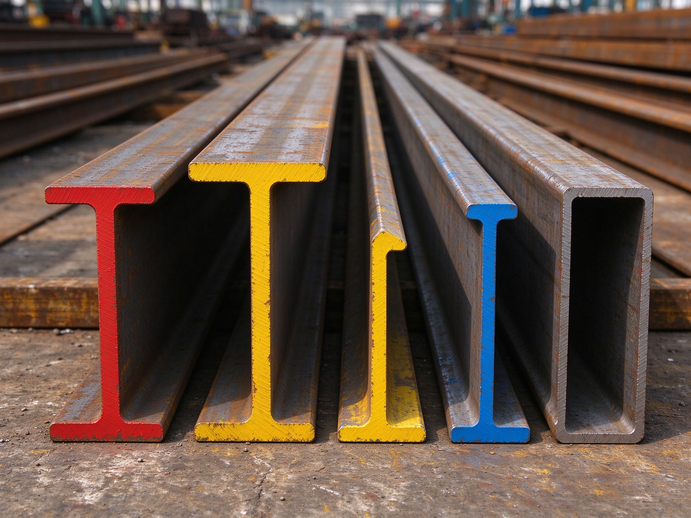 Comparison of steel section ends: I-shape, H-shape, angle, channel and hollow section (illustrative concept image)