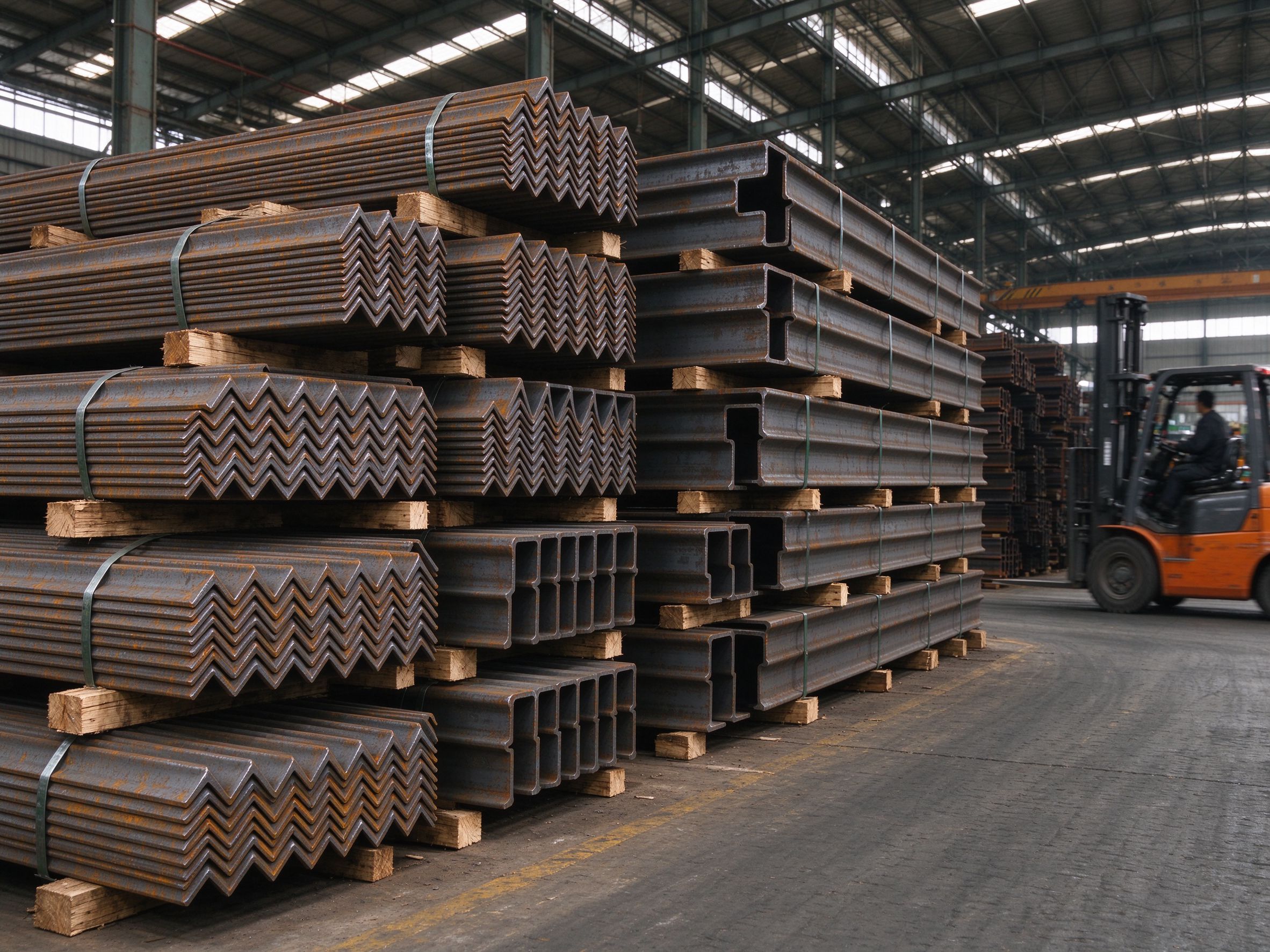 Bundled angles and channels stacked in a steel warehouse (illustrative concept image)