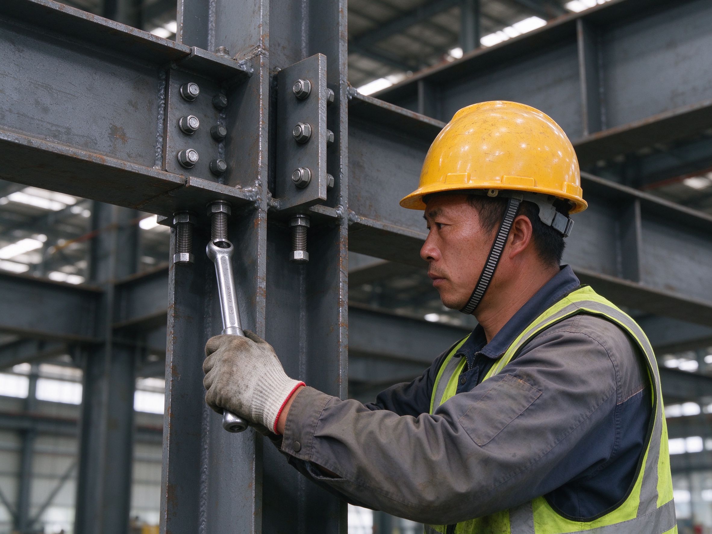 A worker tightening a high-strength bolted connection, which allows later dismantling (illustrative concept image)