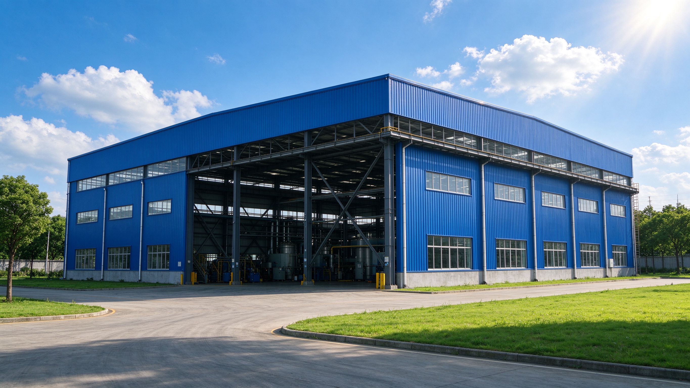 A modern steel-framed building under a clear sky with surrounding greenery (illustrative concept image)