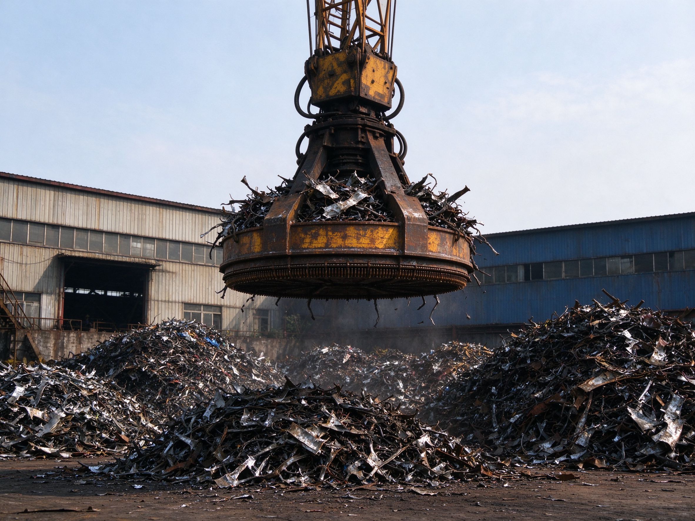 A scrap yard with an electromagnetic crane lifting steel scrap for recycling (illustrative concept image)