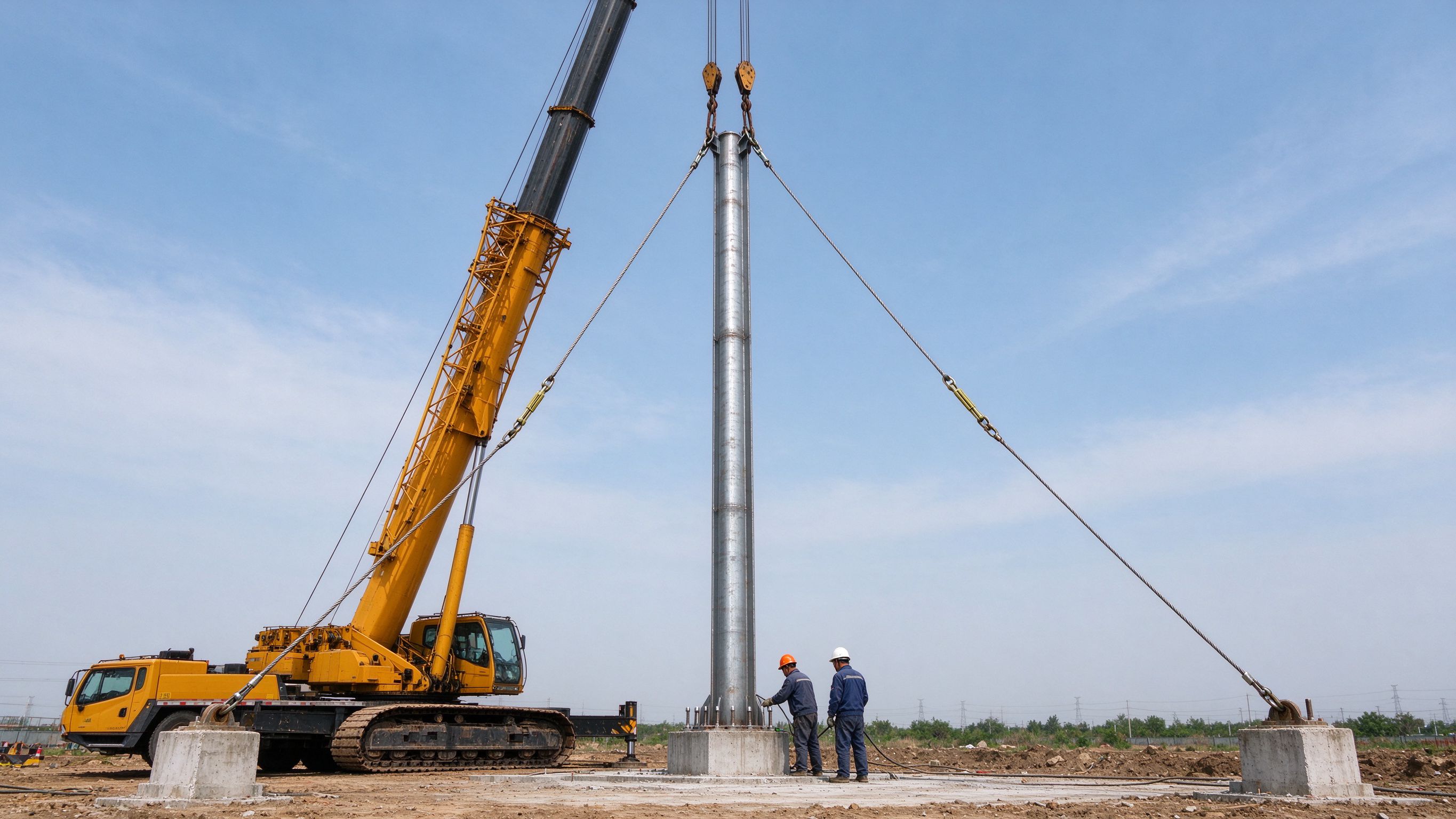Steel columns held upright by temporary guy wires and braces during erection (illustrative concept image)