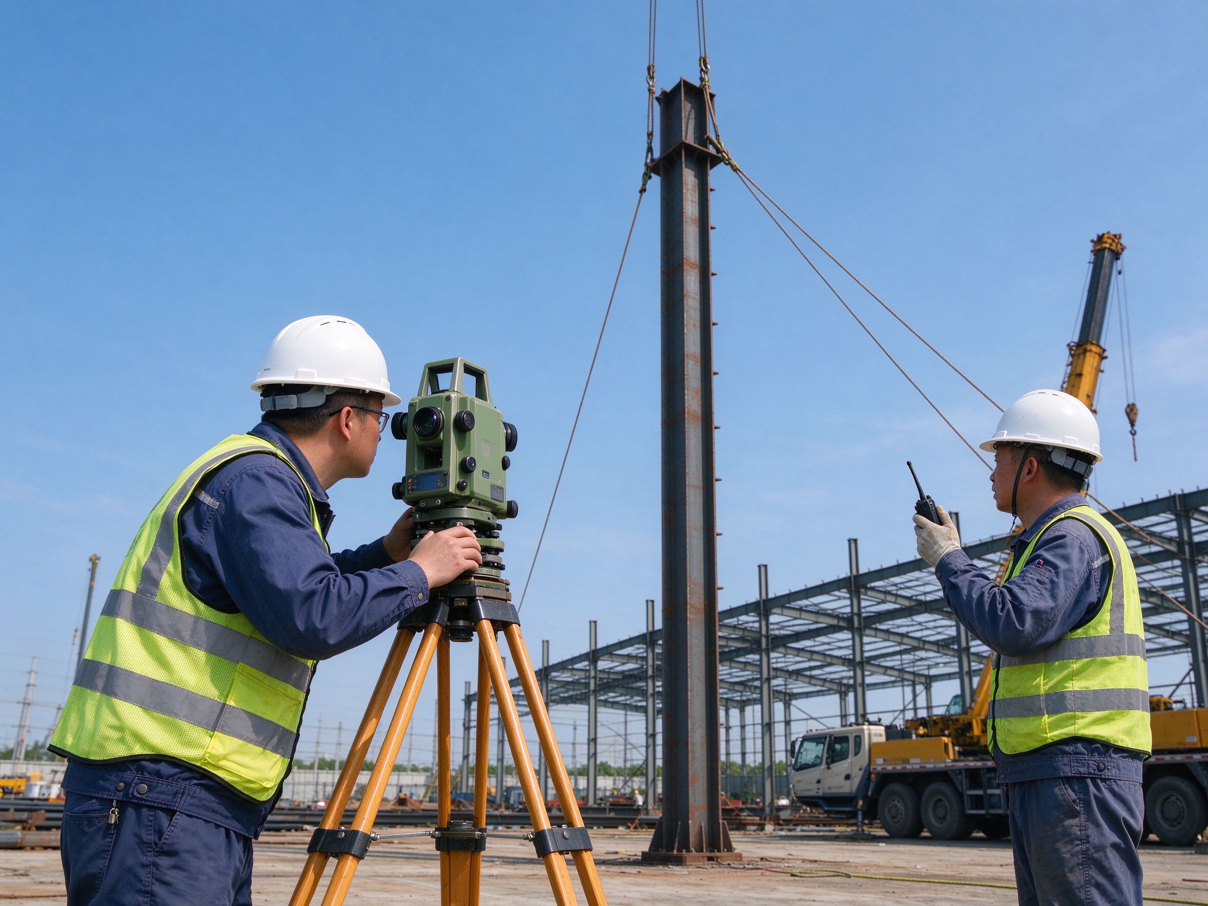Engineer checking column plumb with a survey instrument during erection (illustrative concept image)