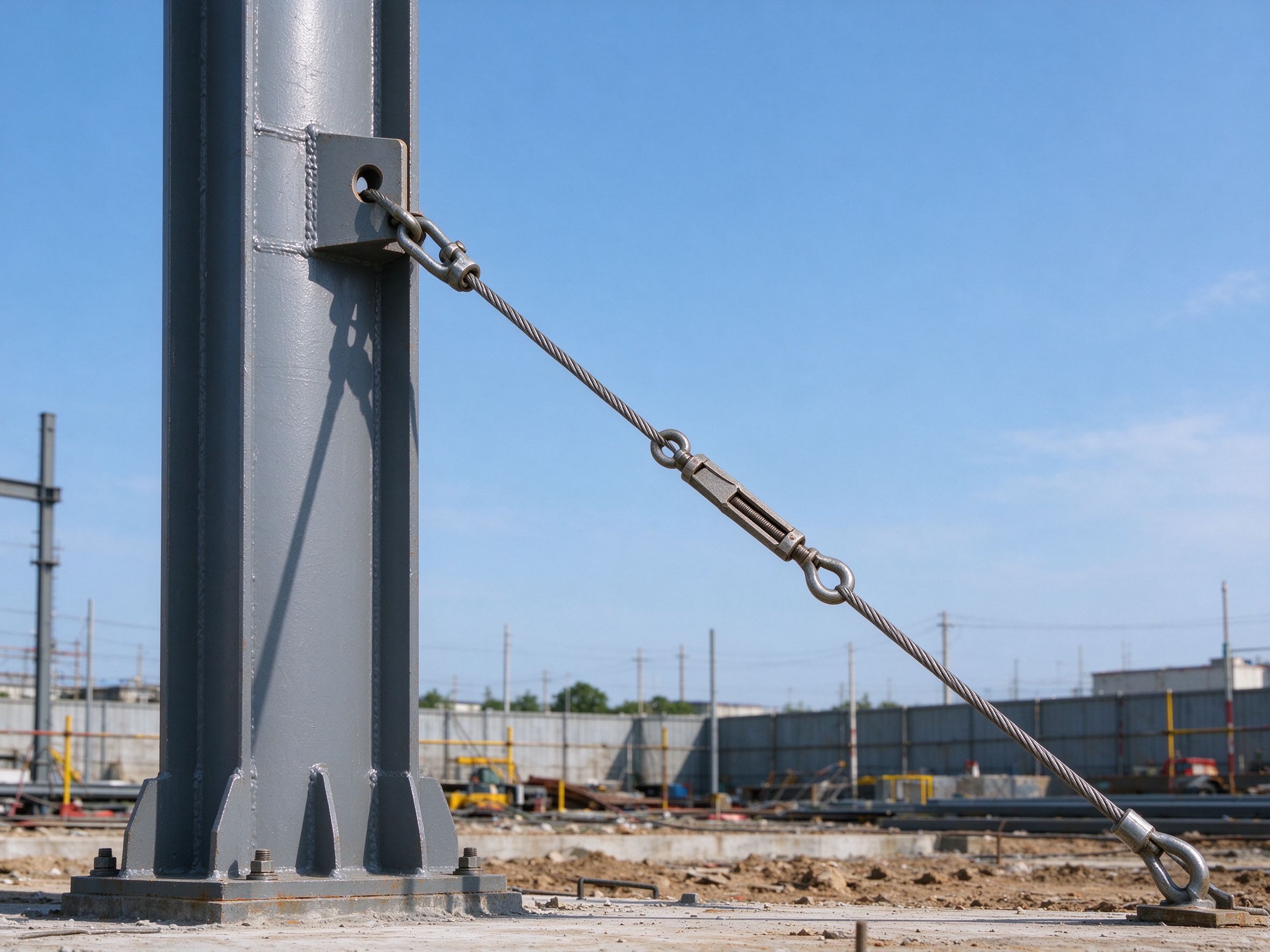 Guy wire with turnbuckle tensioner holding a steel column (illustrative concept image)