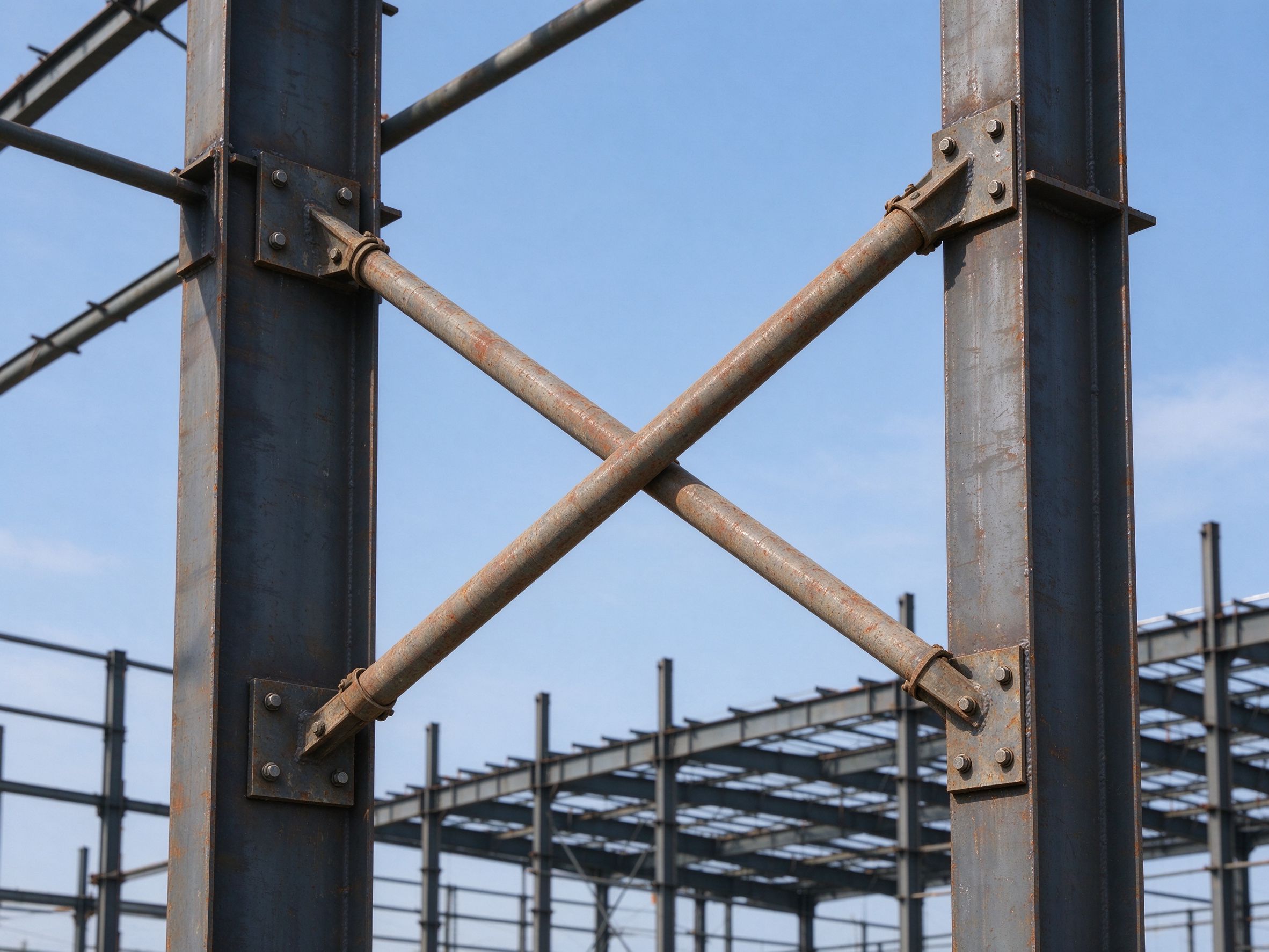 Temporary rigid steel brace bolted between two columns (illustrative concept image)