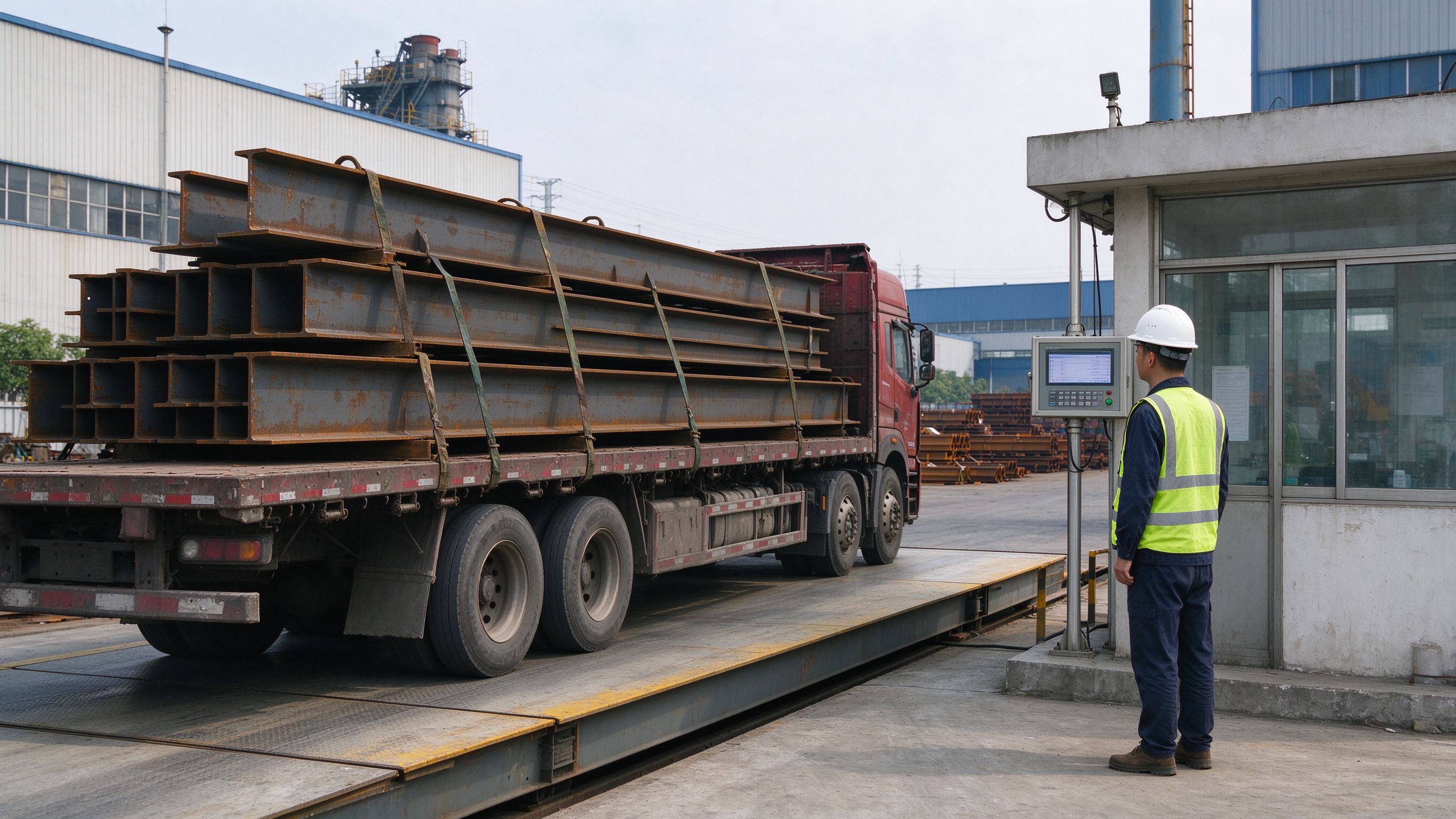 Loaded steel truck on a weighbridge platform while a worker checks the weighing indicator (illustrative concept image)