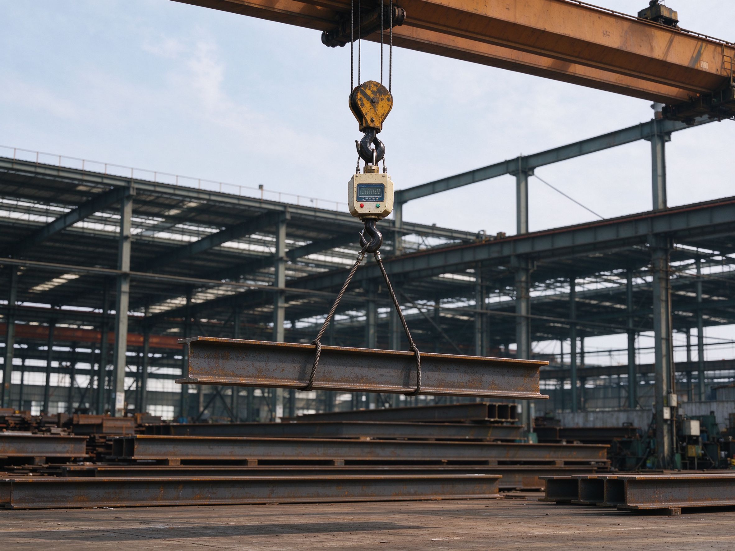 Steel H-beam lifted by a crane hook with an electronic crane scale showing the member weight (illustrative concept image)