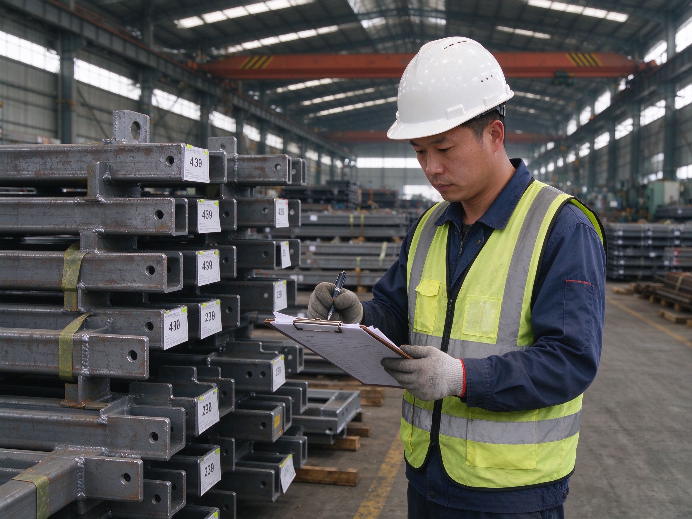 Worker checking a packing list against marked steel members in the dispatch yard (illustrative concept image)