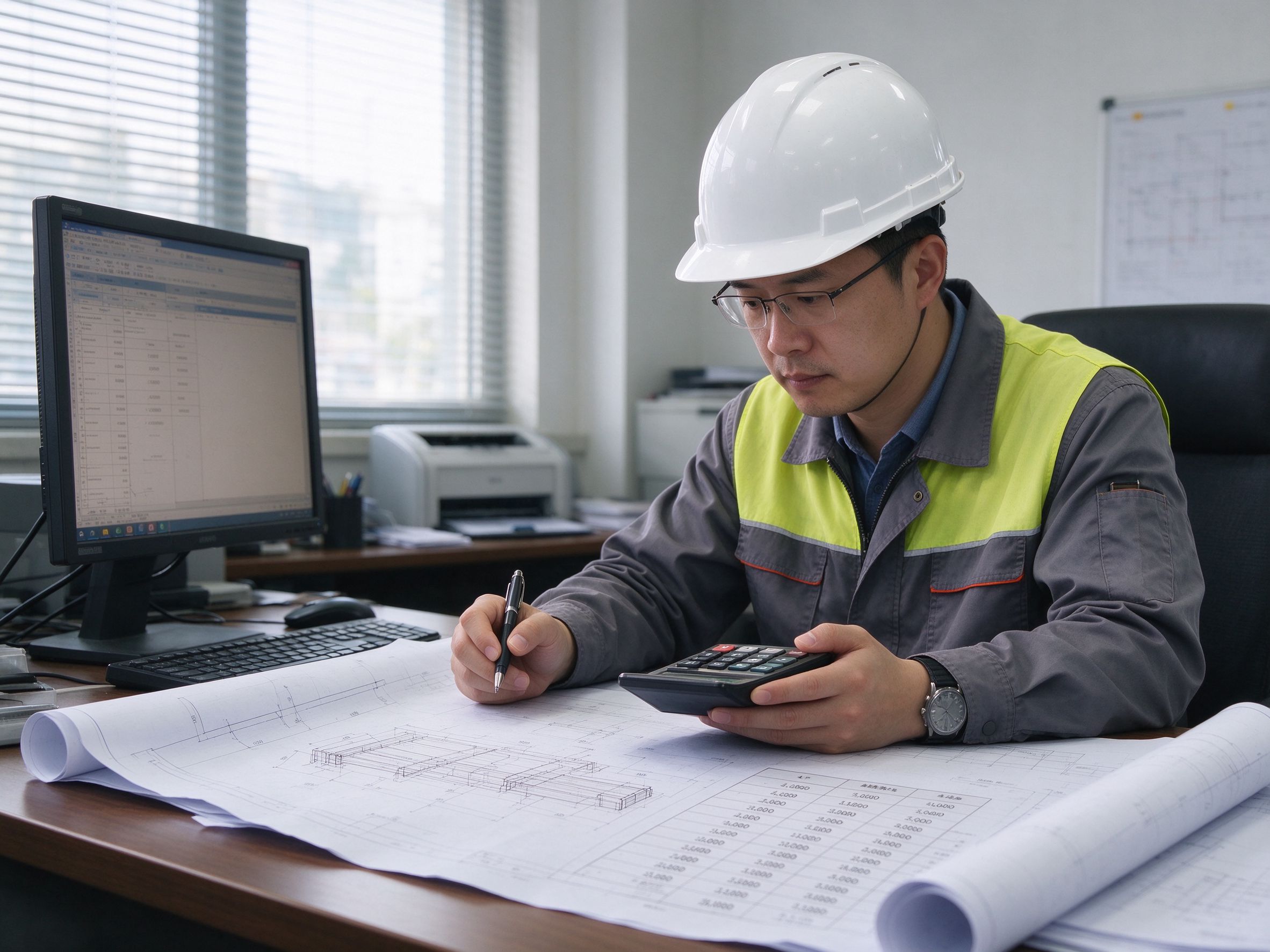 Engineer calculating theoretical steel weight from drawings and section tables at a desk (illustrative concept image)