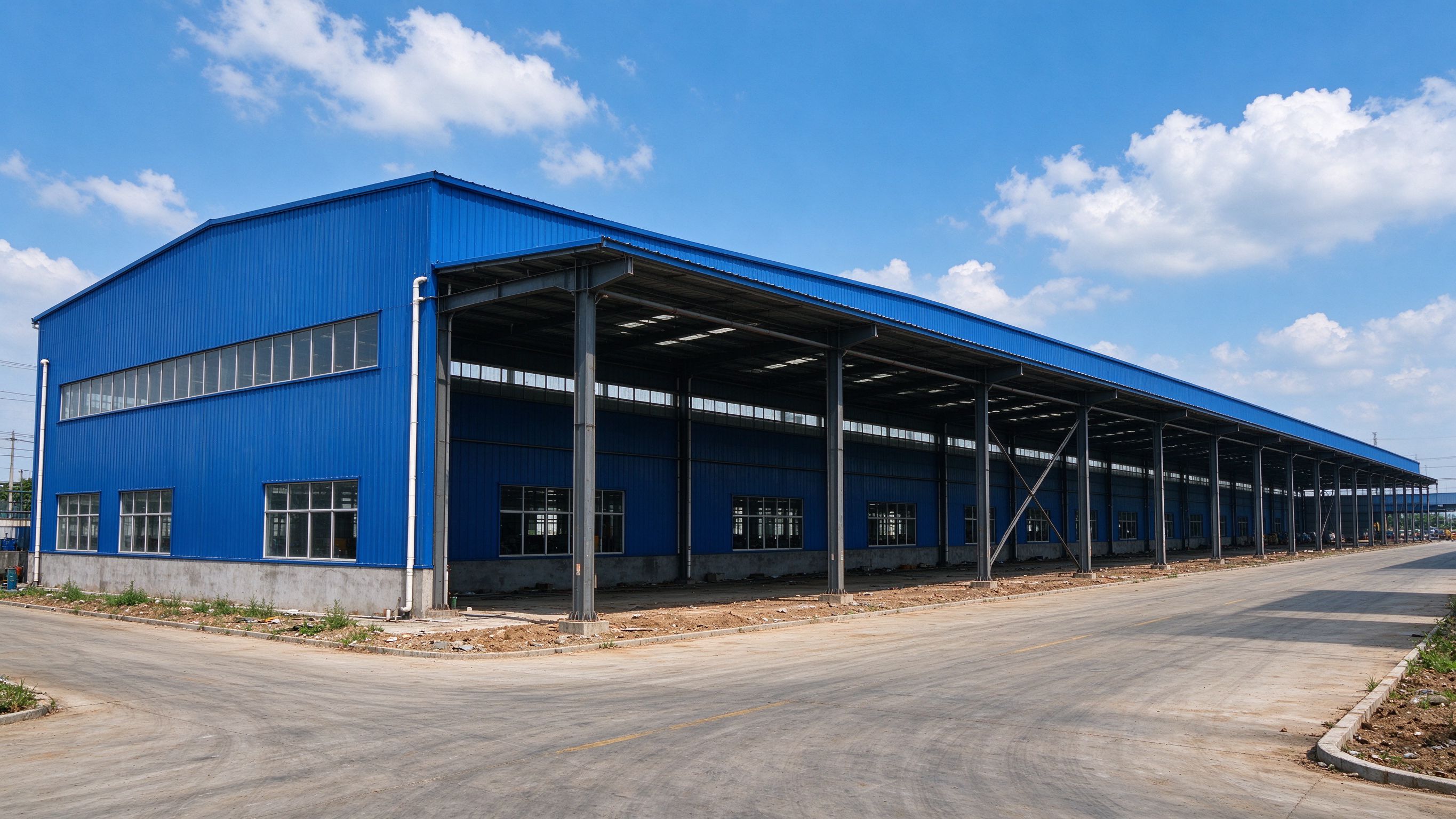 A long steel-framed industrial building, where temperature movement must be planned (illustrative concept image)
