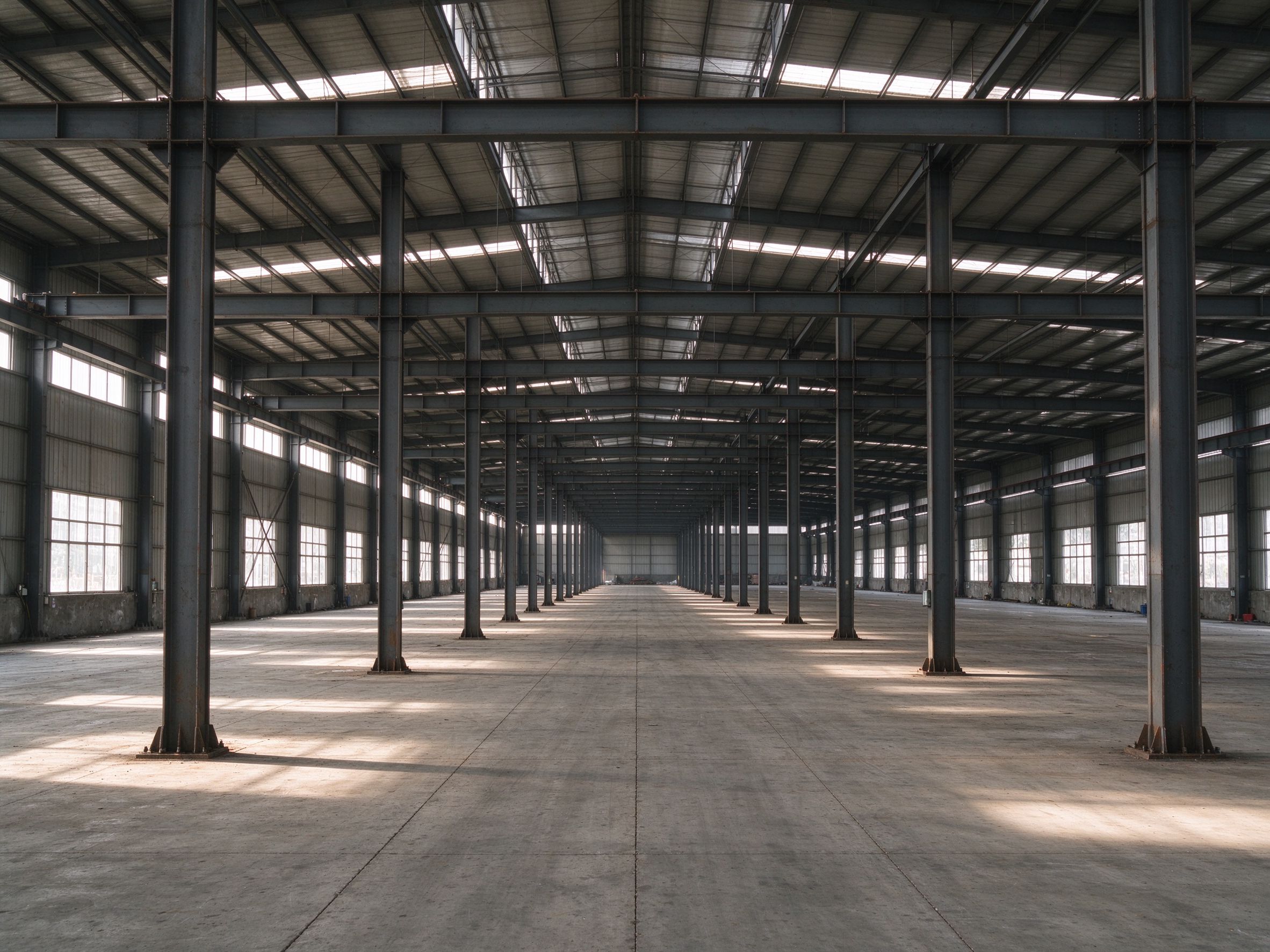 The interior of a long steel building, with repeated portal frames extending into the distance (illustrative concept image)