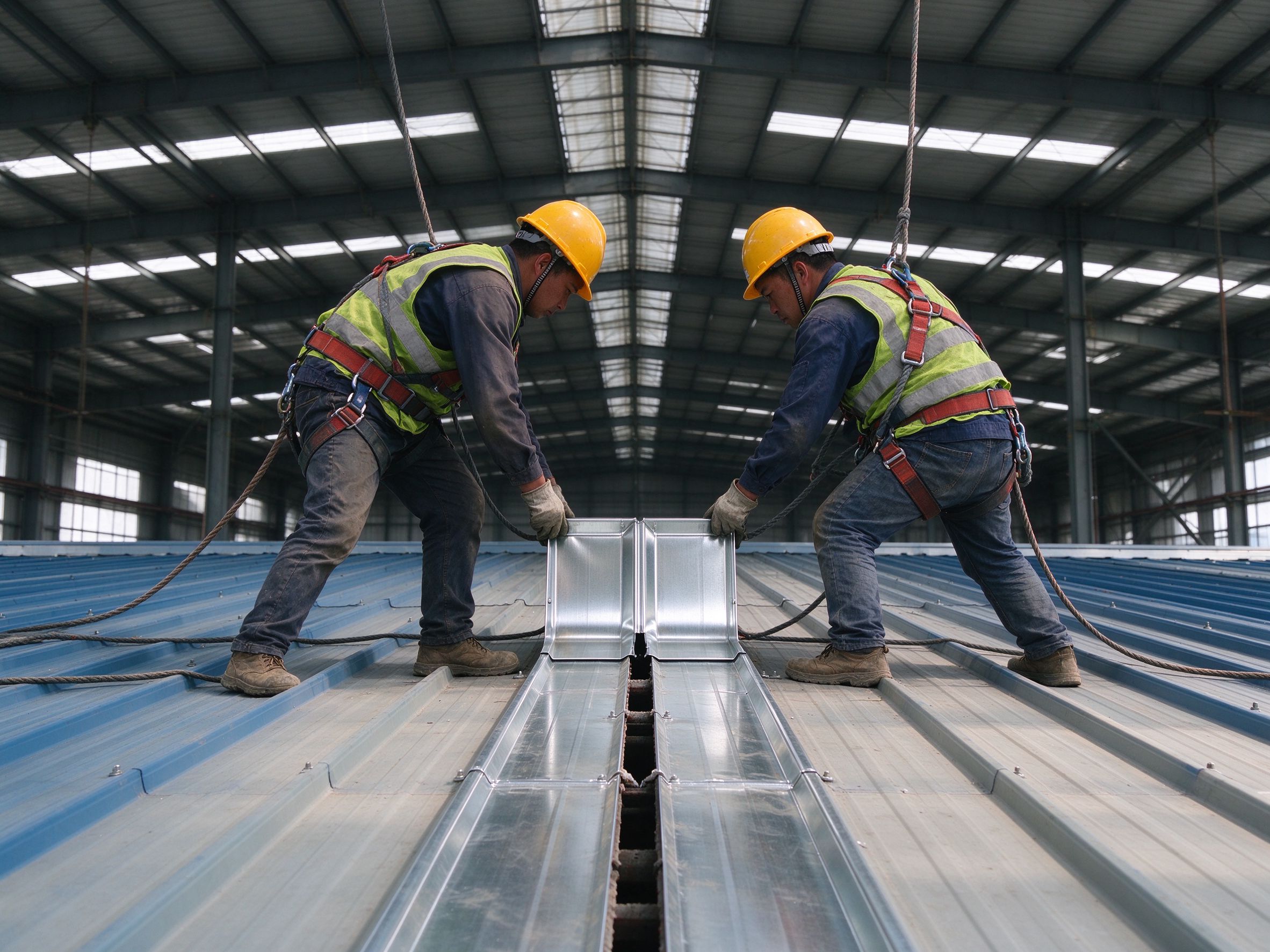 Workers installing formed metal flashing at a roof joint, with fall protection (illustrative concept image)