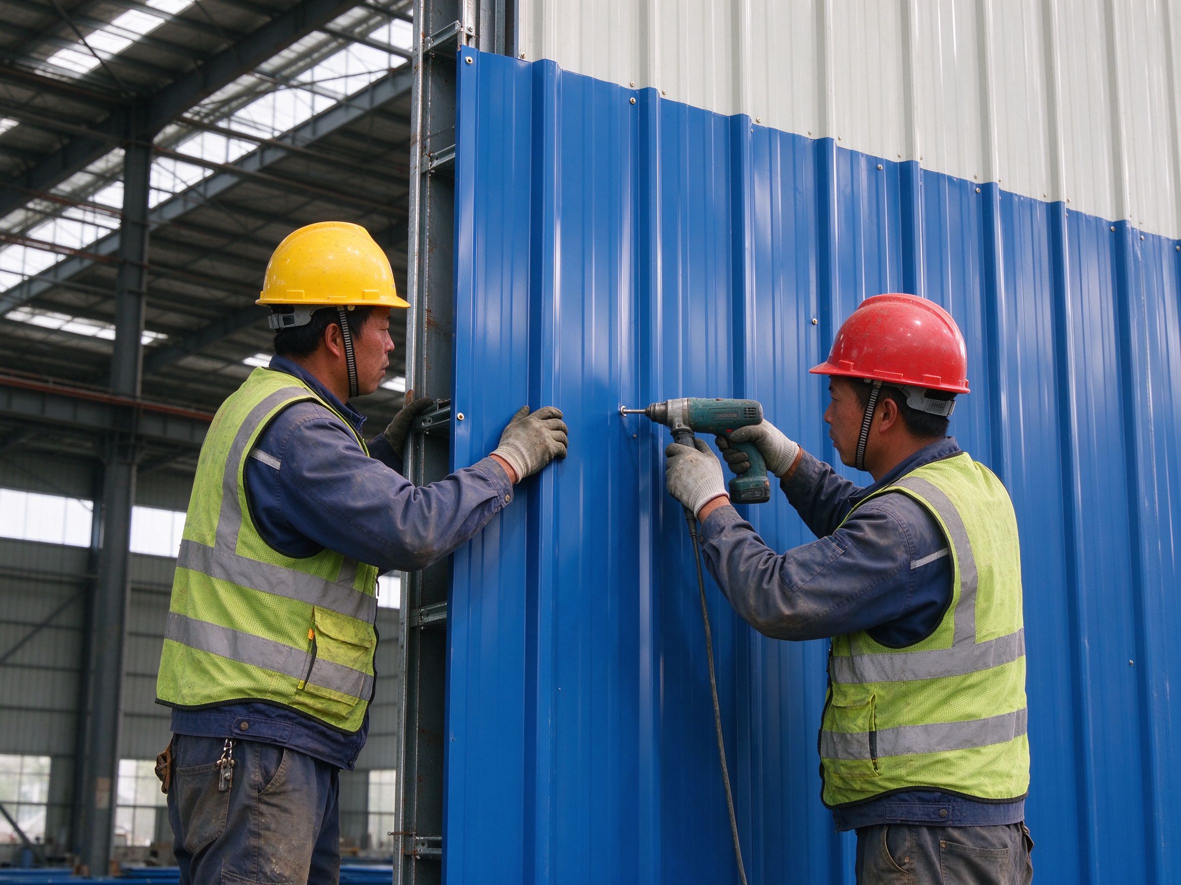 Workers fitting wall cladding sheets, where connections must allow thermal movement (illustrative concept image)