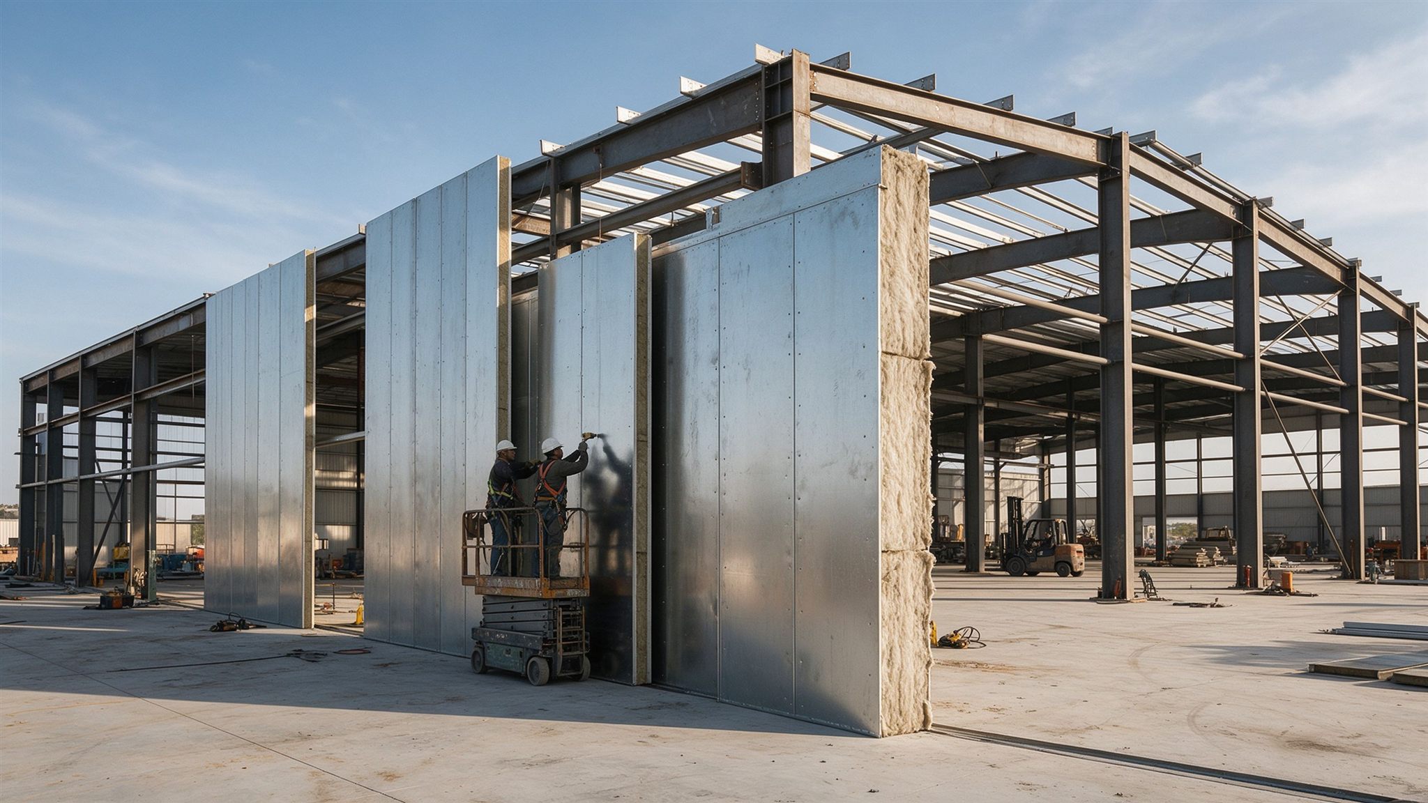 Insulated metal sandwich panels being installed on a large steel-framed building, insulation core visible at the panel edge