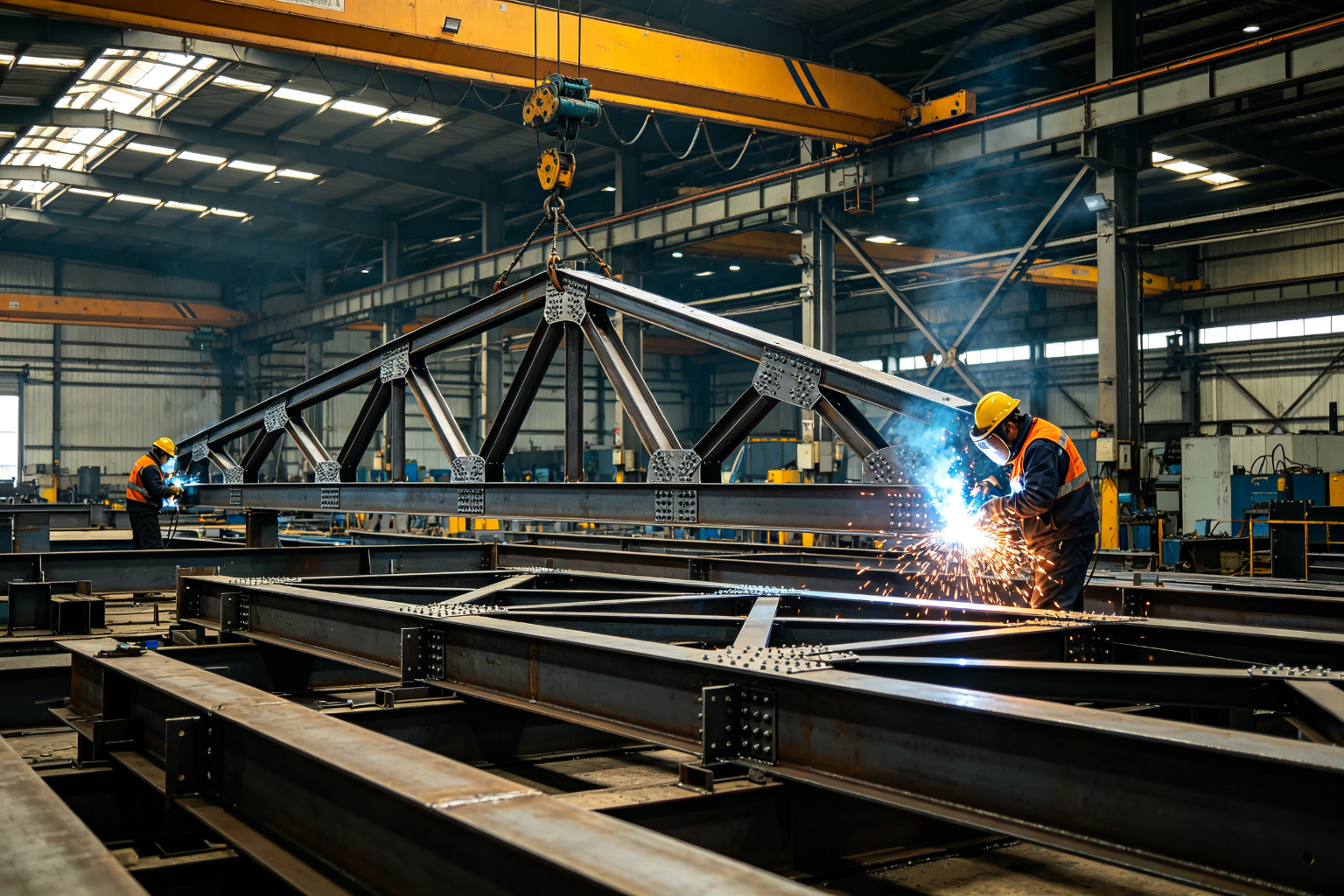 Welders welding a large steel truss member in the factory with overhead crane support