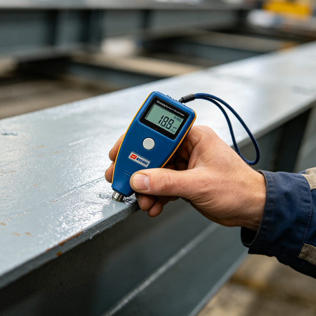 Dry-film coating thickness measurement on fabricated steel