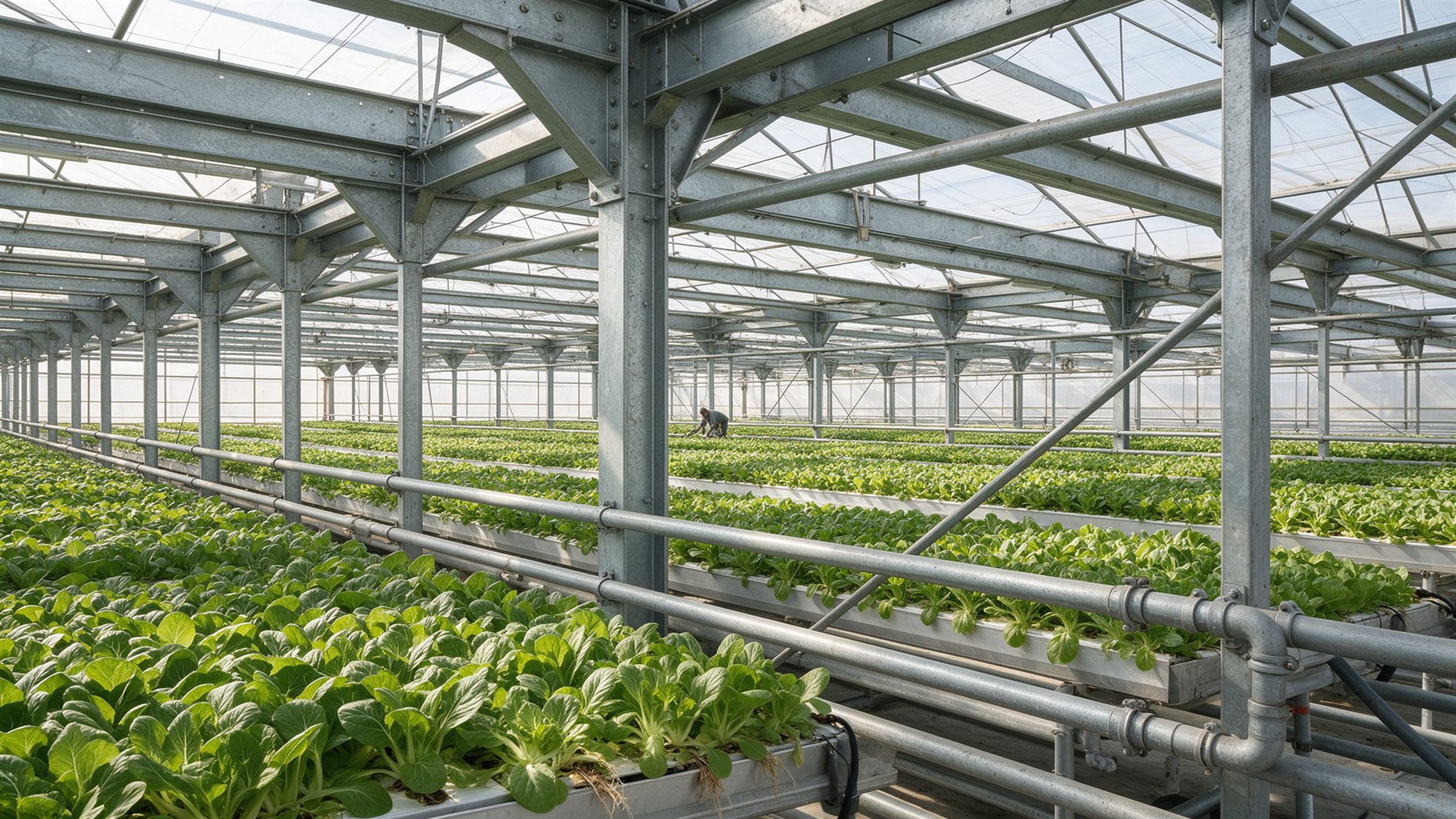 Hydroponic crops under substantial galvanized steel framing in a wide greenhouse bay