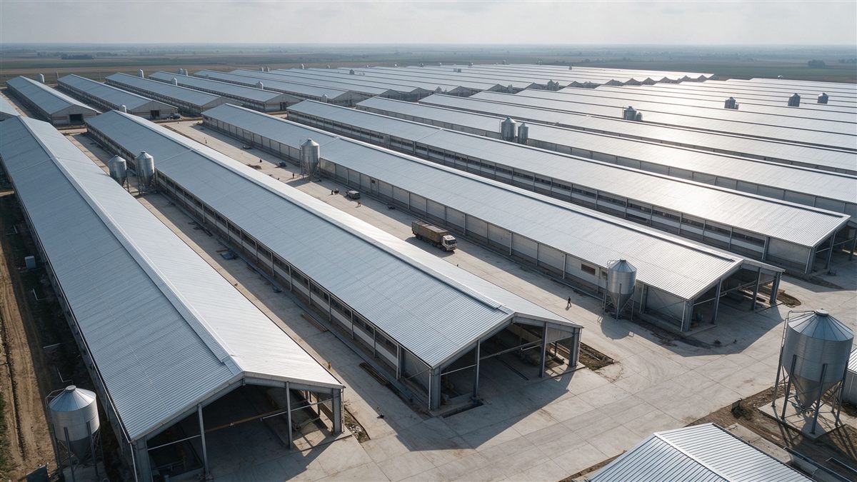 Aerial view of a large steel poultry farm