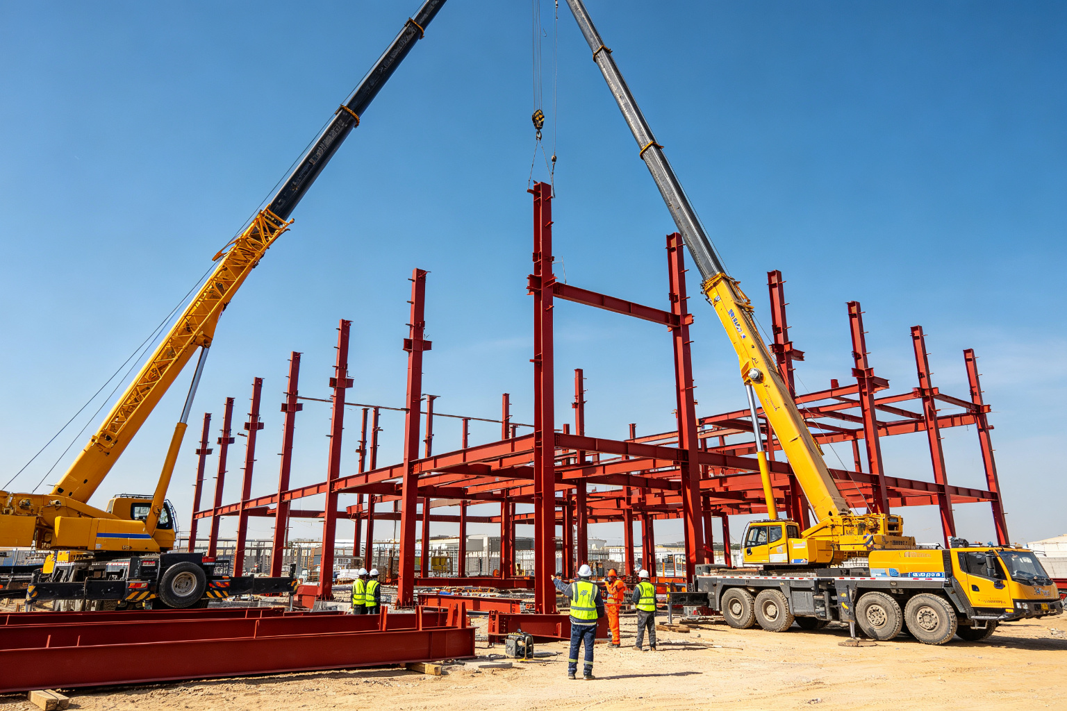 Mobile crane erecting steel structure members on site